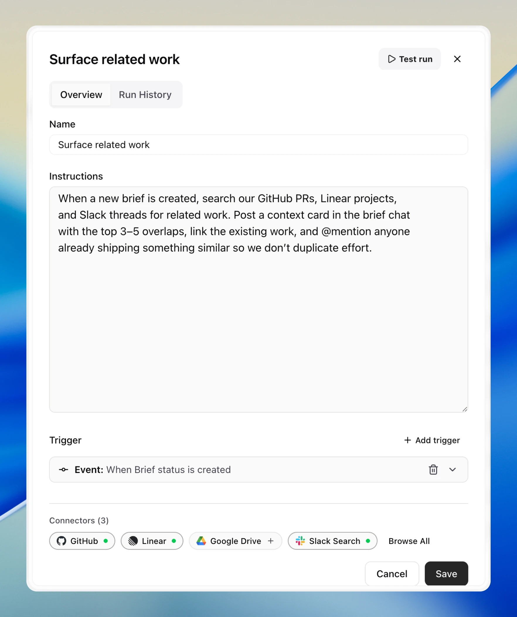 The 'Surface related work' routine detail view with name, instructions, a When Brief status is created trigger, and connector pills for GitHub, Linear, Google Drive, and Slack Search