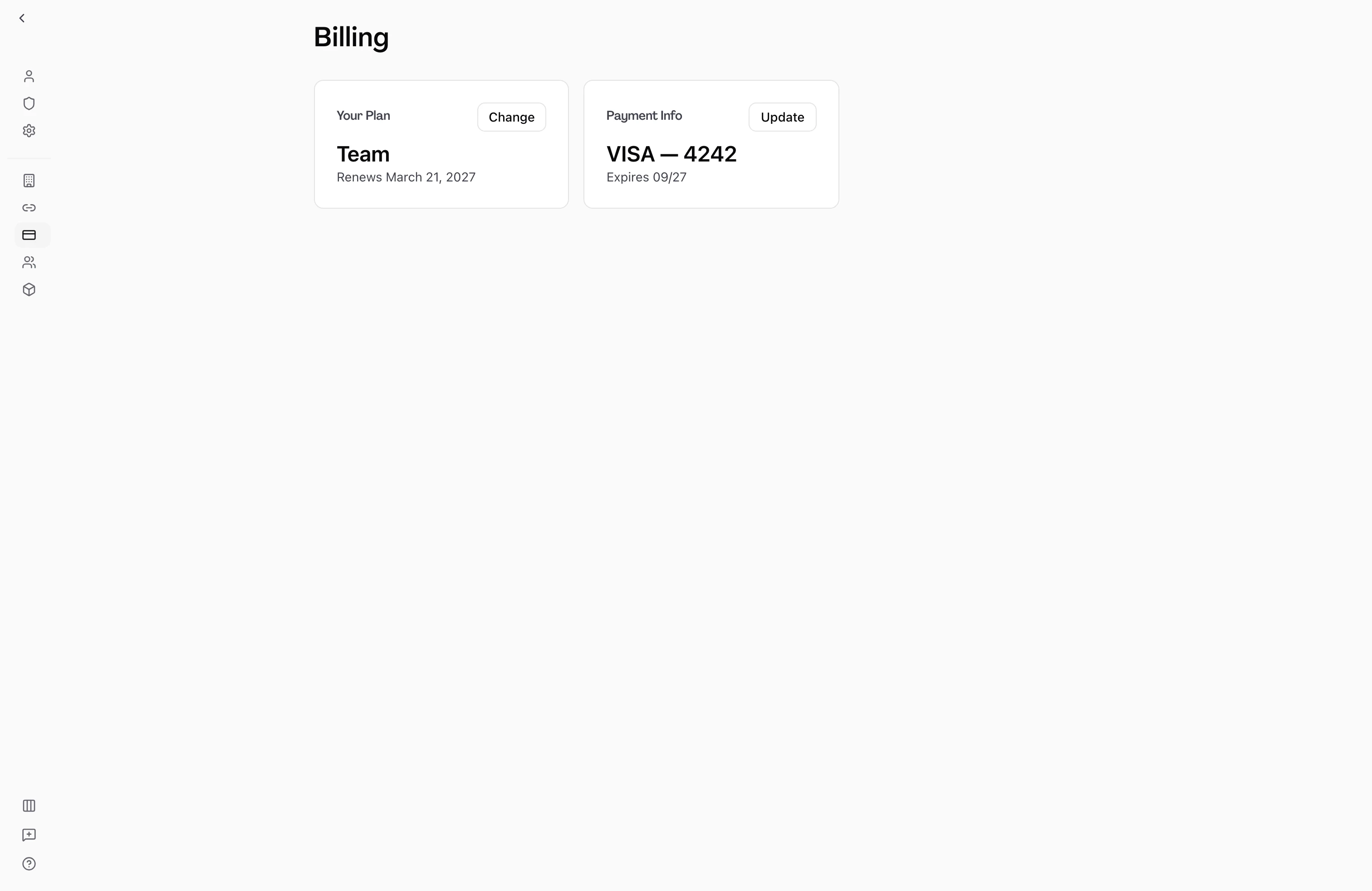 User on the Billing page in account settings, with a Your Plan card displaying the current plan, its renewal date, and a Change control, beside a Payment Info card showing the saved card and an Update control, indicating plan and payment details sit side by side on one billing surface.