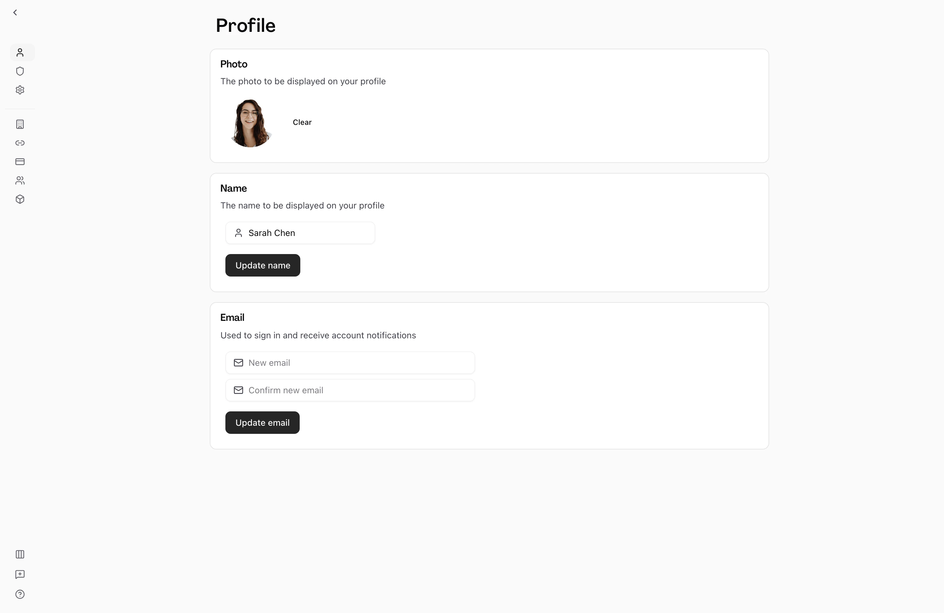 User on the personal account settings Profile page, displaying the Photo, Name, and Email sections in the settings sidebar: an avatar with a Clear option, a name field paired with an Update name button, and New email and Confirm new email fields paired with an Update email button.