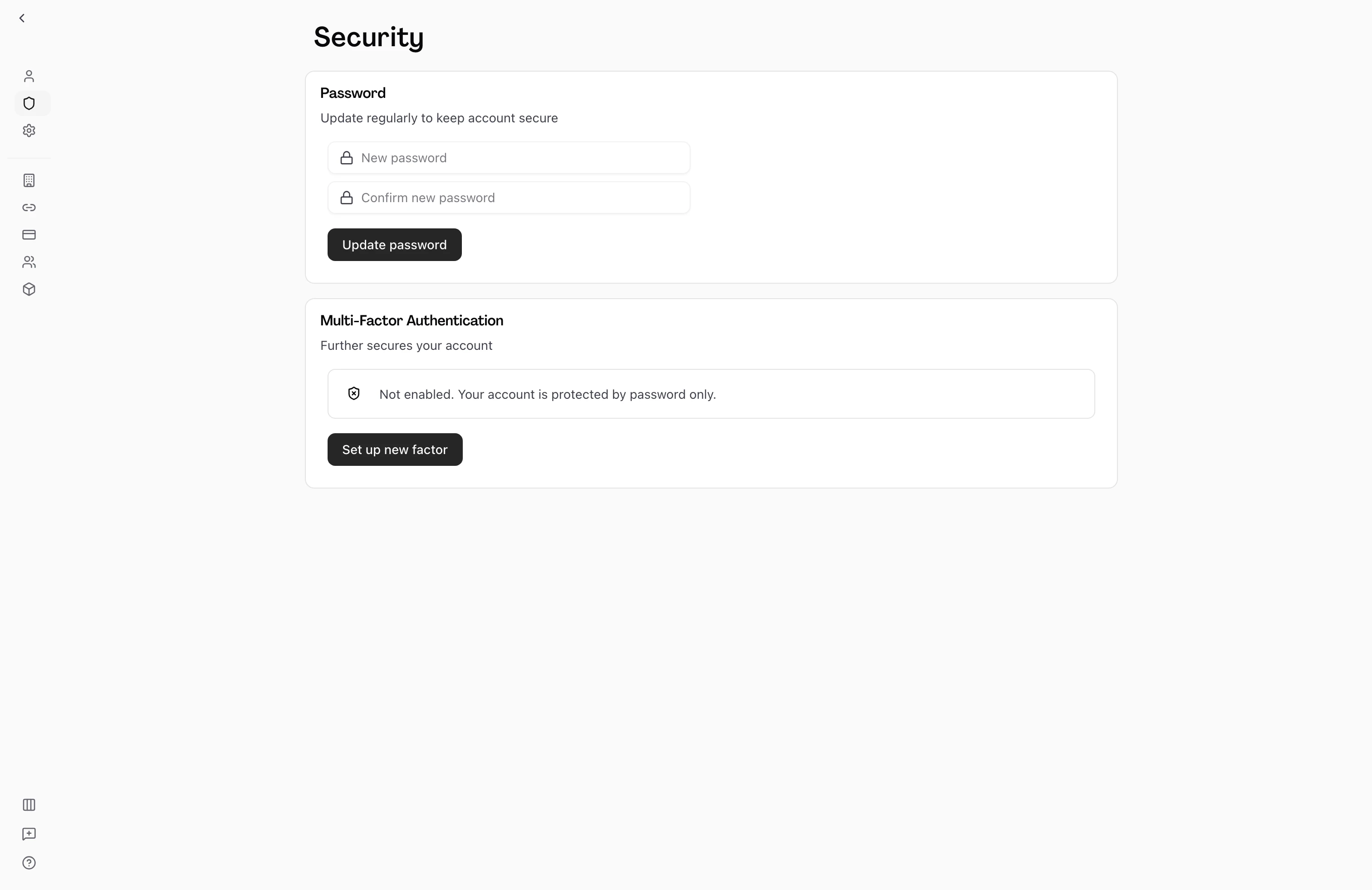User on the account settings Security page, with a Password section displaying New password and Confirm new password fields above an Update password button, and a Multi-Factor Authentication section below it marked Not enabled alongside a Set up new factor button.