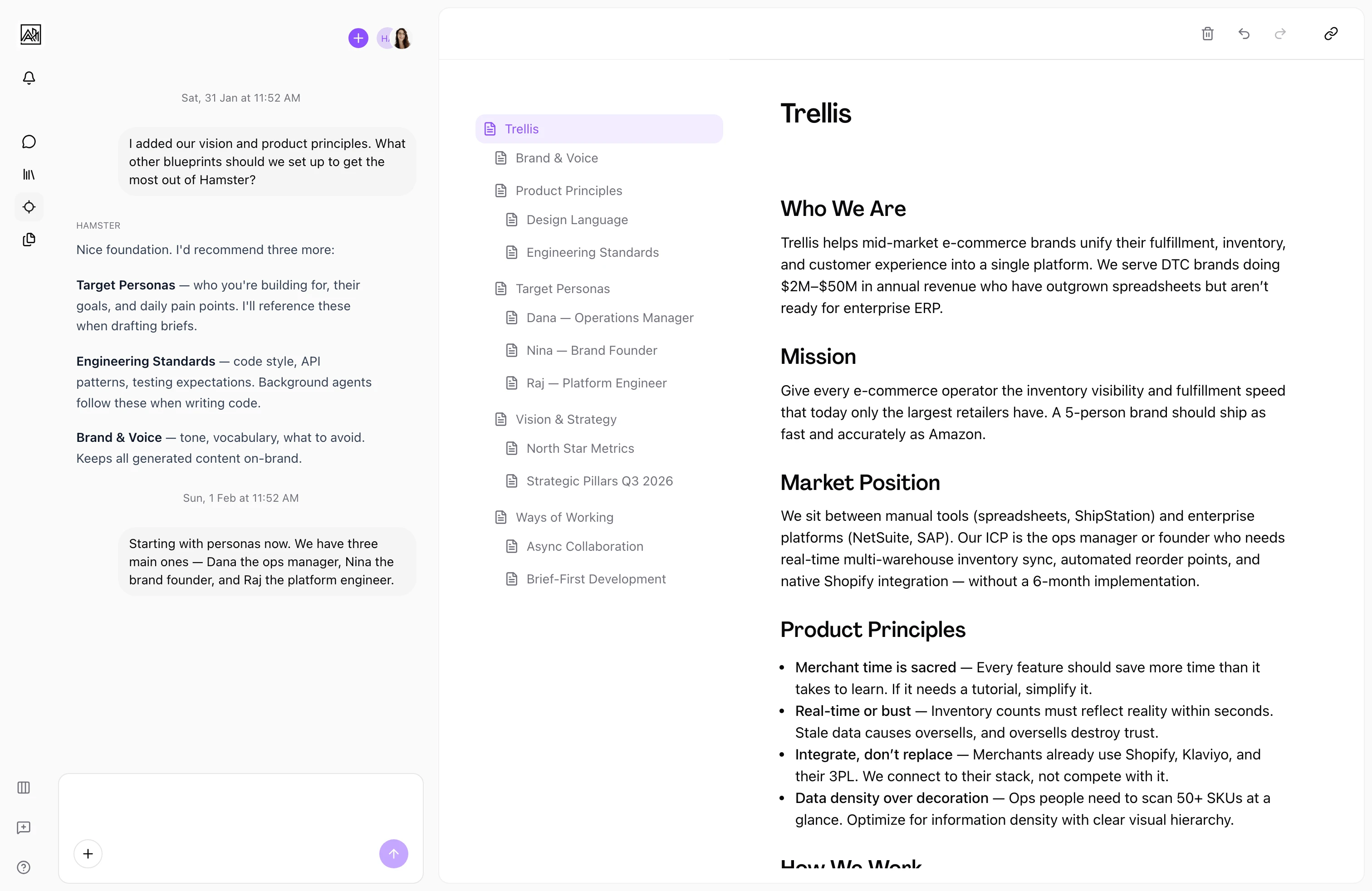 Blueprints list view showing the document tree