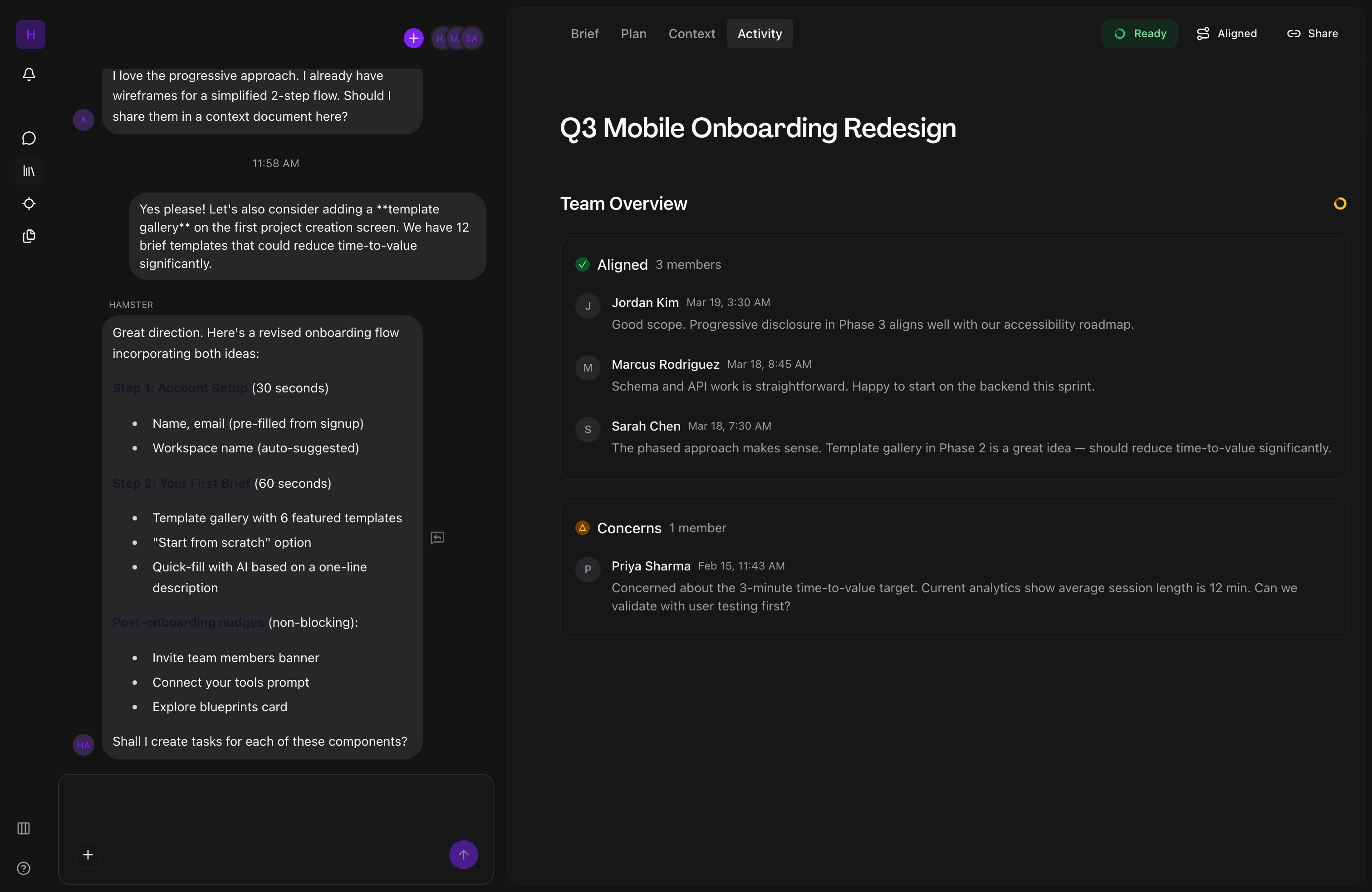 Activity timeline showing team alignment status