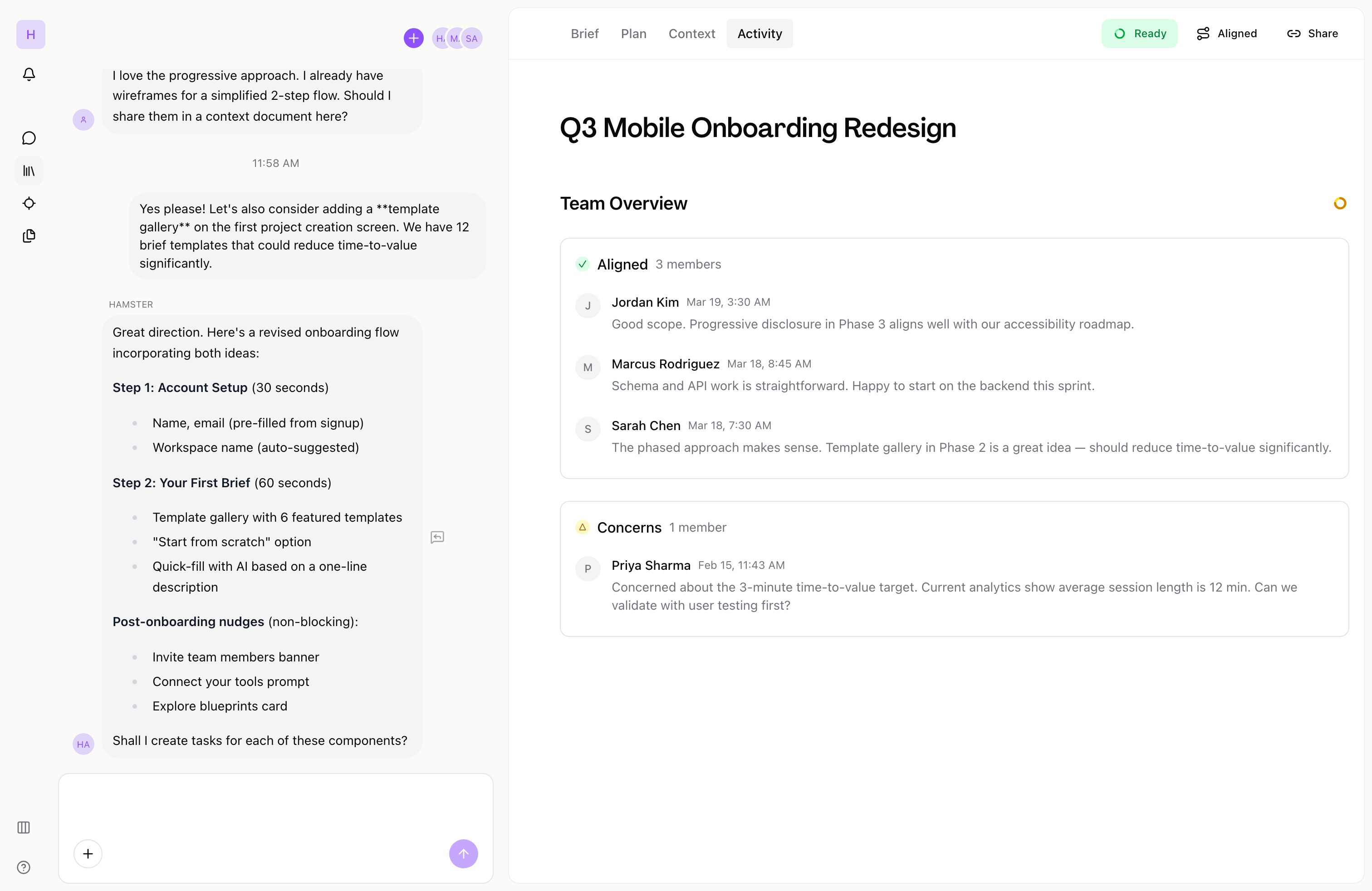Activity timeline showing team alignment status