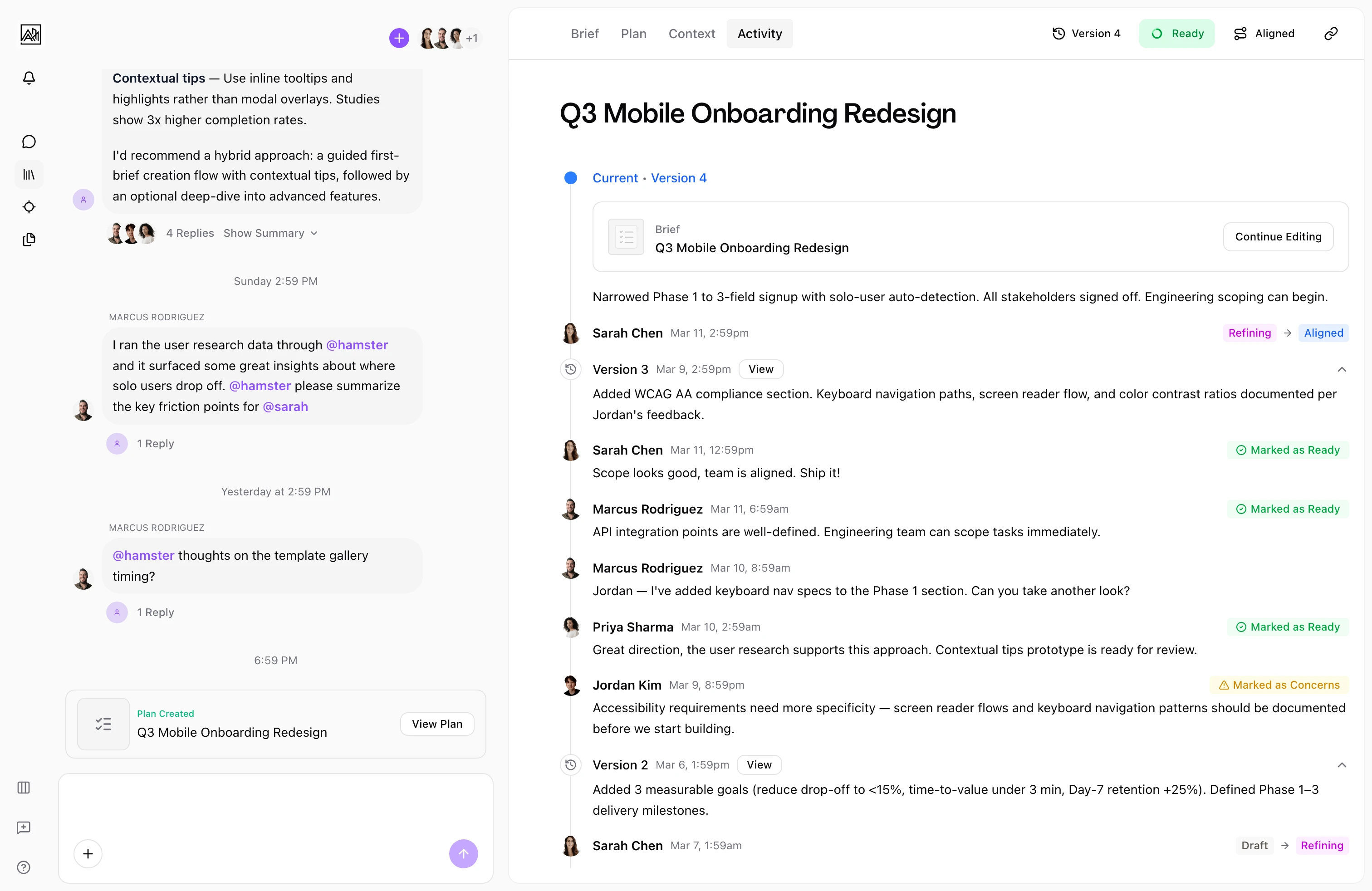 Activity tab showing alignment votes grouped by document version