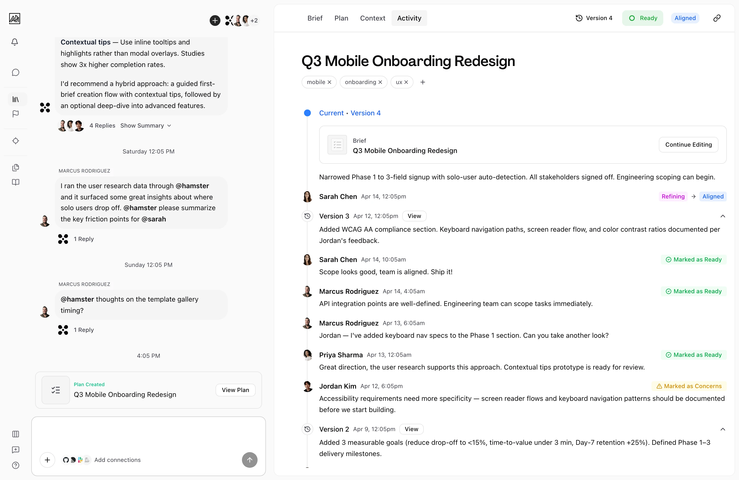 Activity timeline showing team alignment status