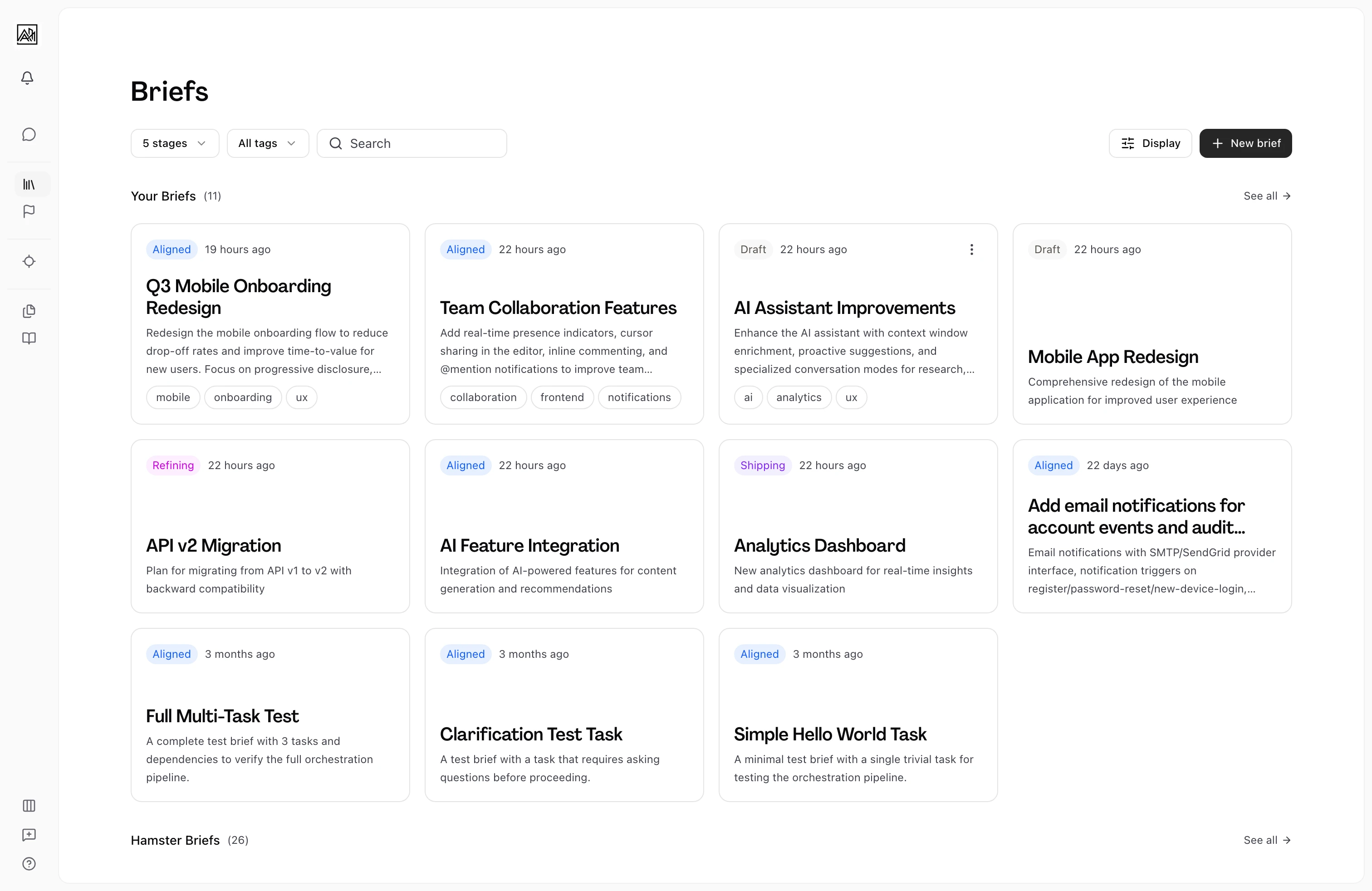 Hamster brief status overview showing spec-to-delivery traceability for product managers