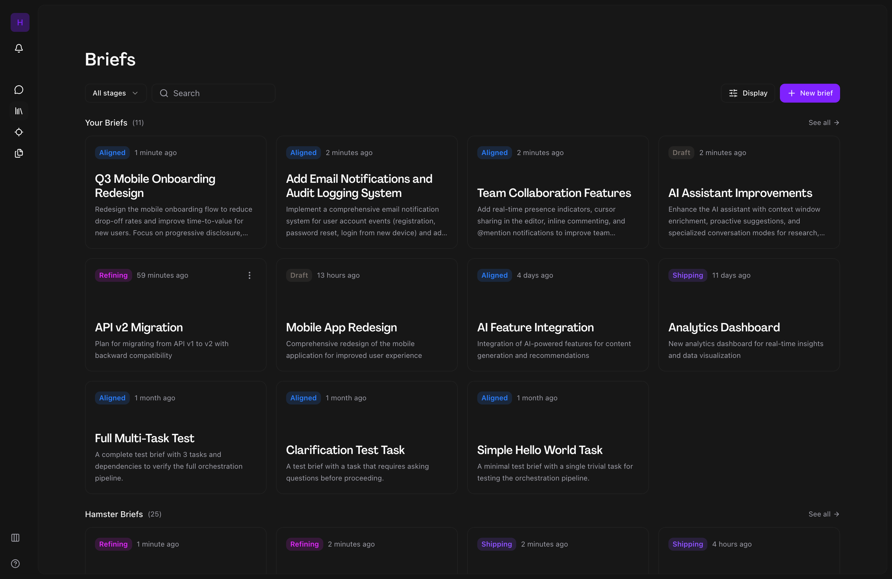 Briefs list in Hamster Studio