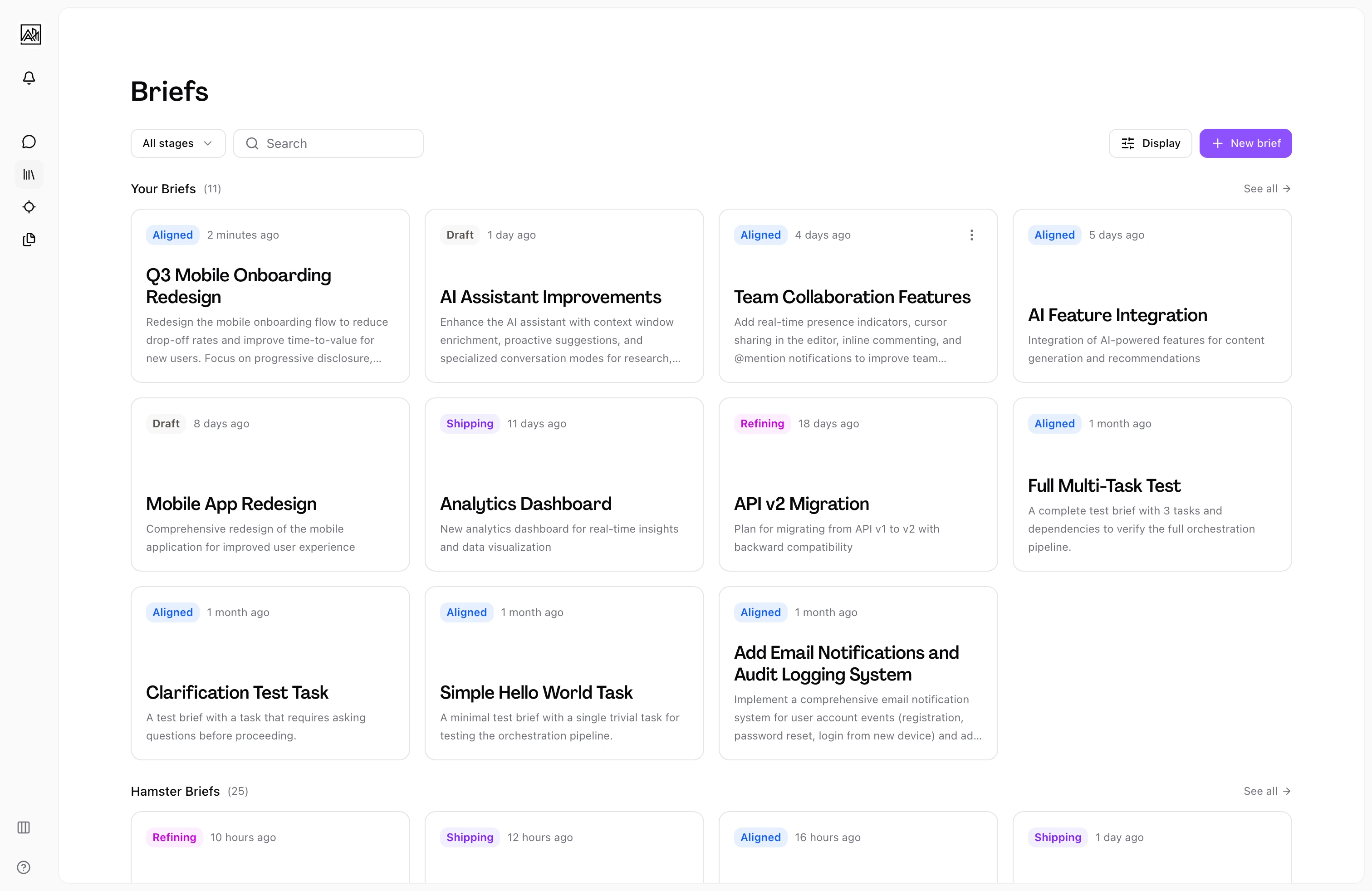 Briefs list in Hamster Studio