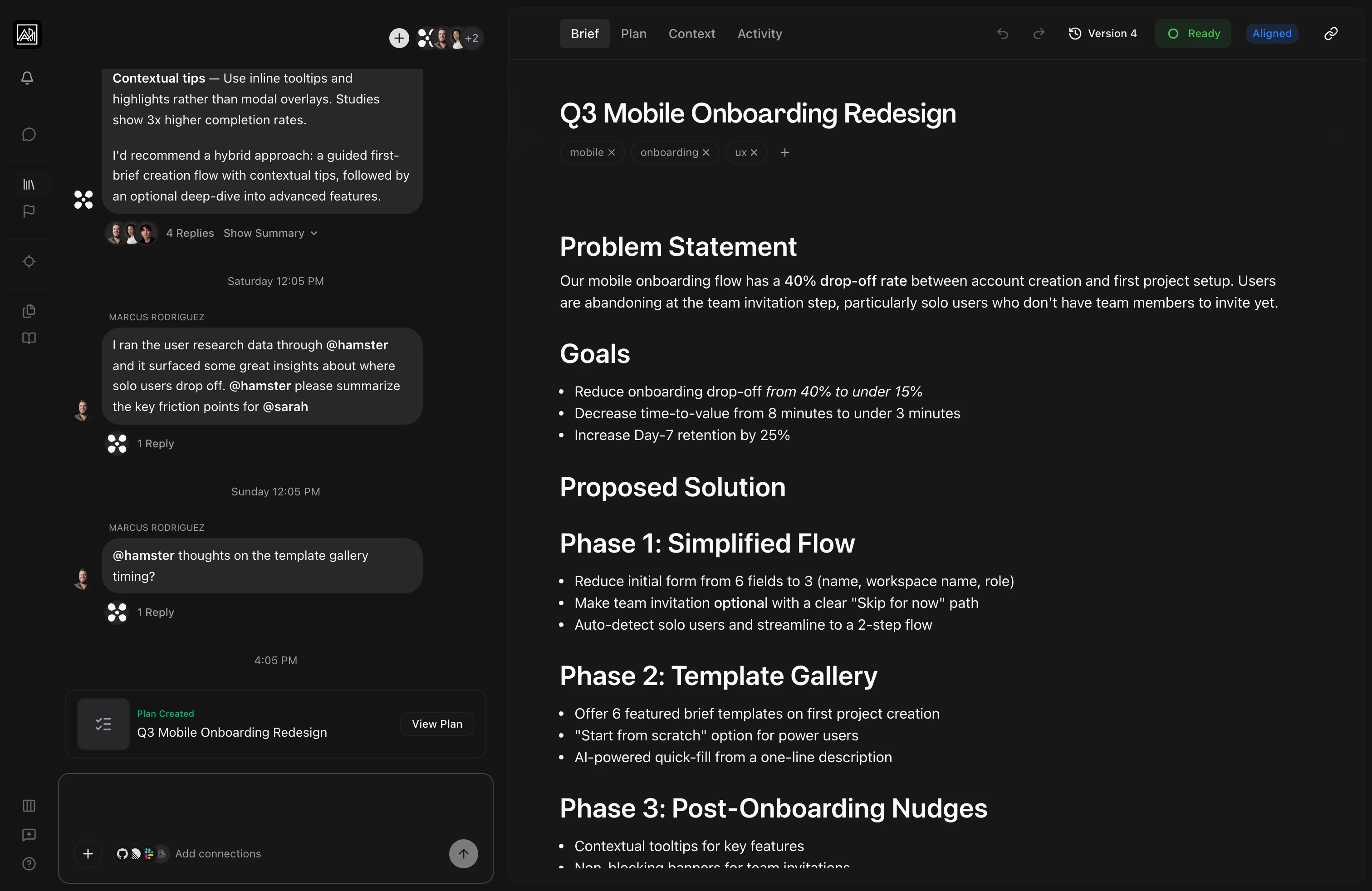 Hamster brief editor capturing design intent, user flows, and acceptance criteria