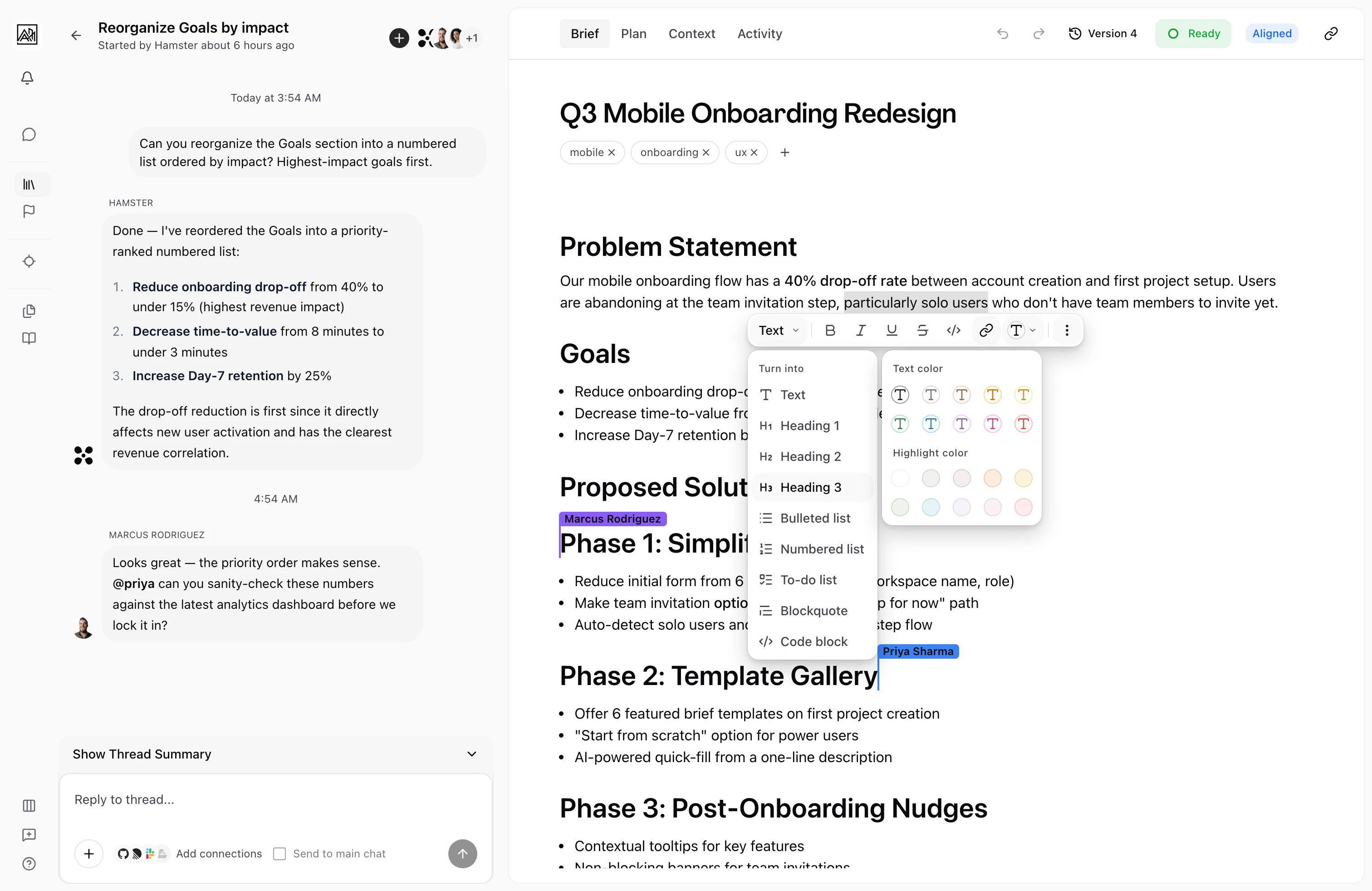 Brief editor showing auto-generated summary updating in the sidebar as content is written