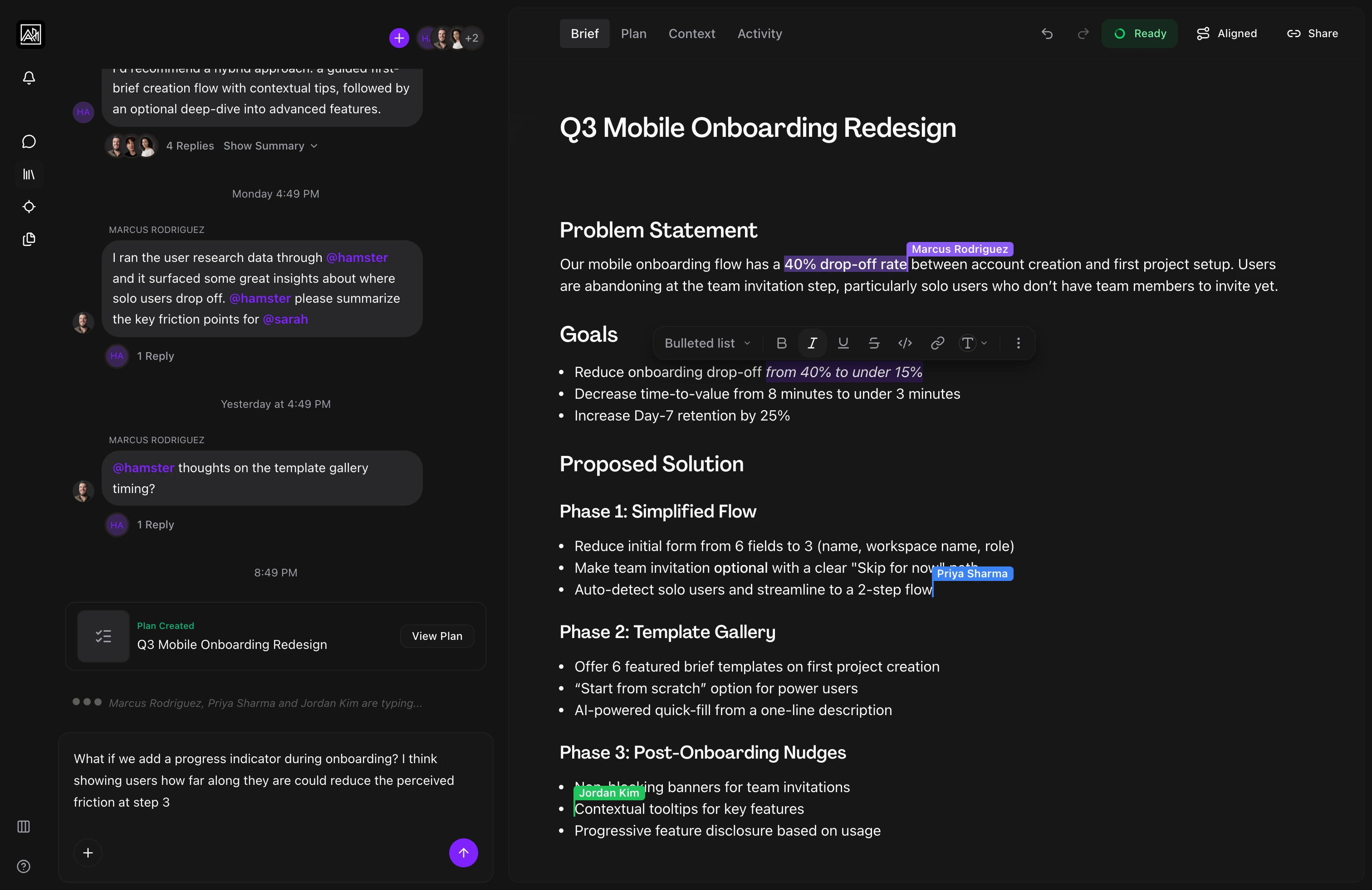 Multiple collaborators editing a brief simultaneously with live cursors and typing indicators