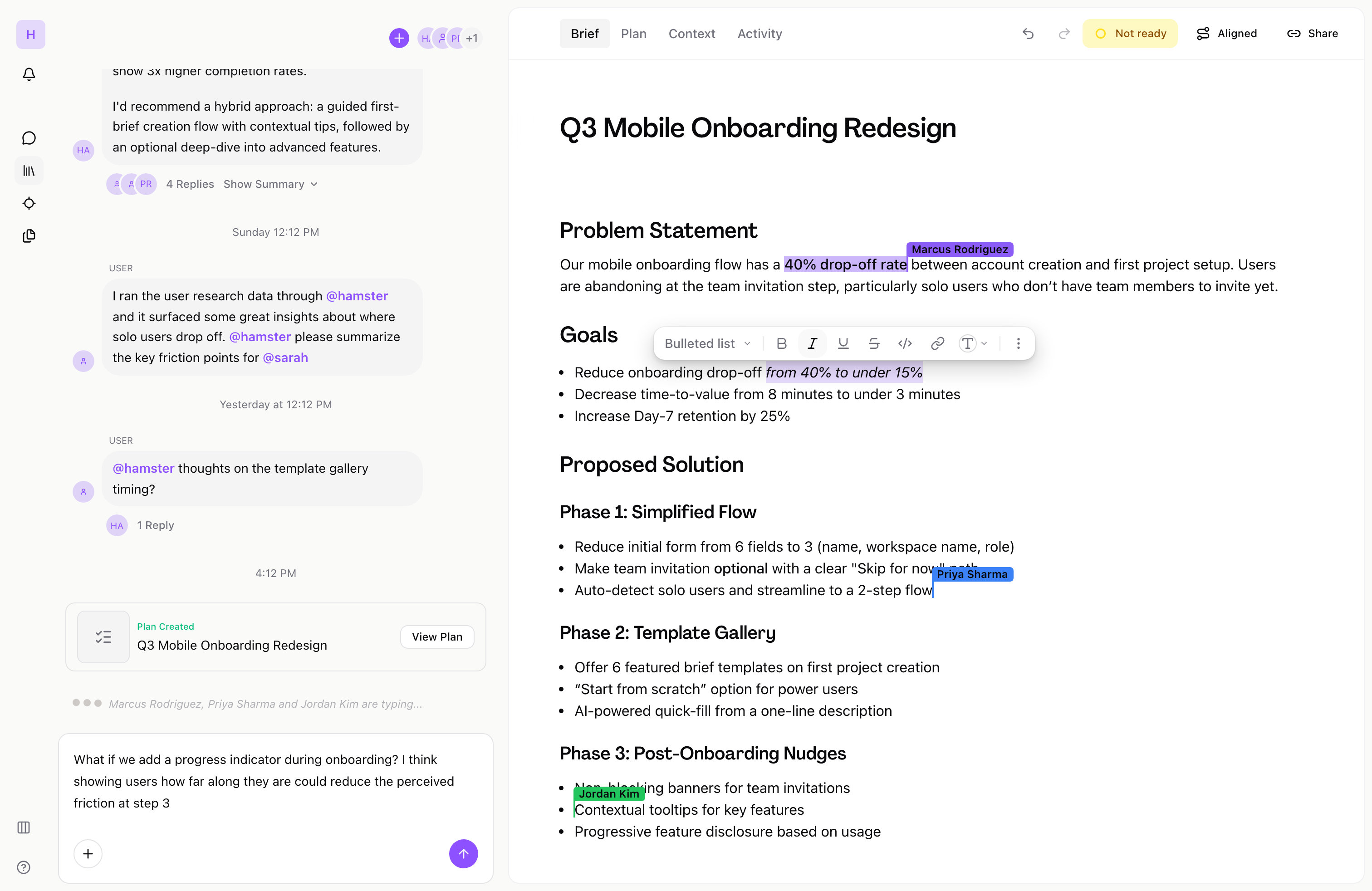 Multiple collaborators editing a brief simultaneously with live cursors and typing indicators