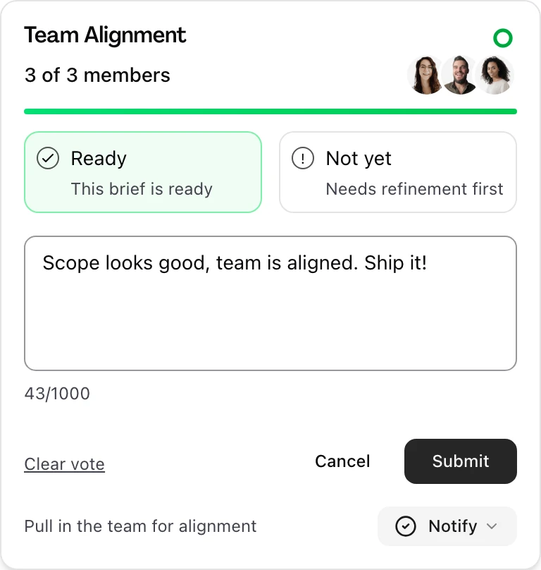 Team alignment popover showing vote status and team member responses