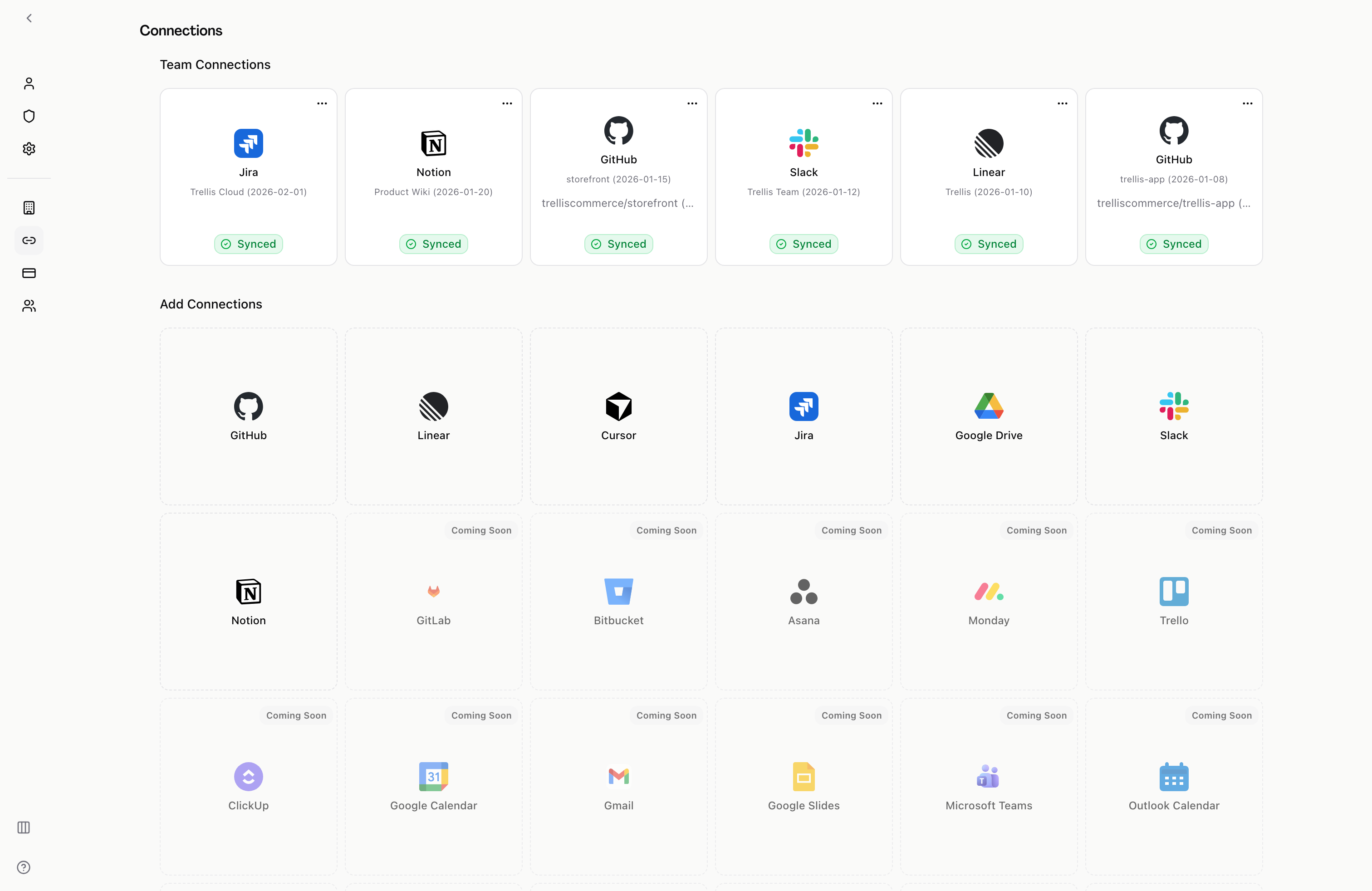 Connections page showing GitHub, Linear, Slack, Notion, and Jira integrations