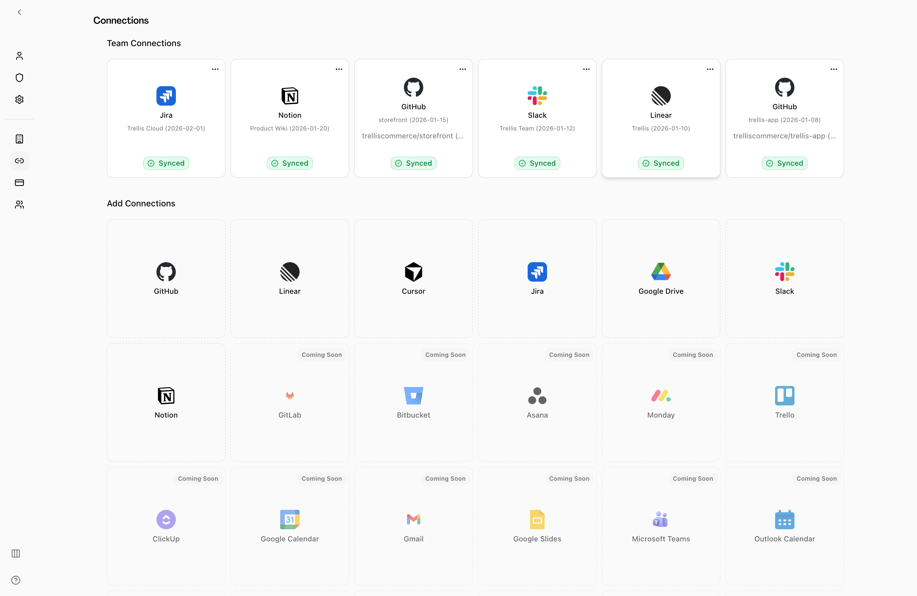Connections page showing GitHub, Linear, Slack, Notion, and Jira integrations