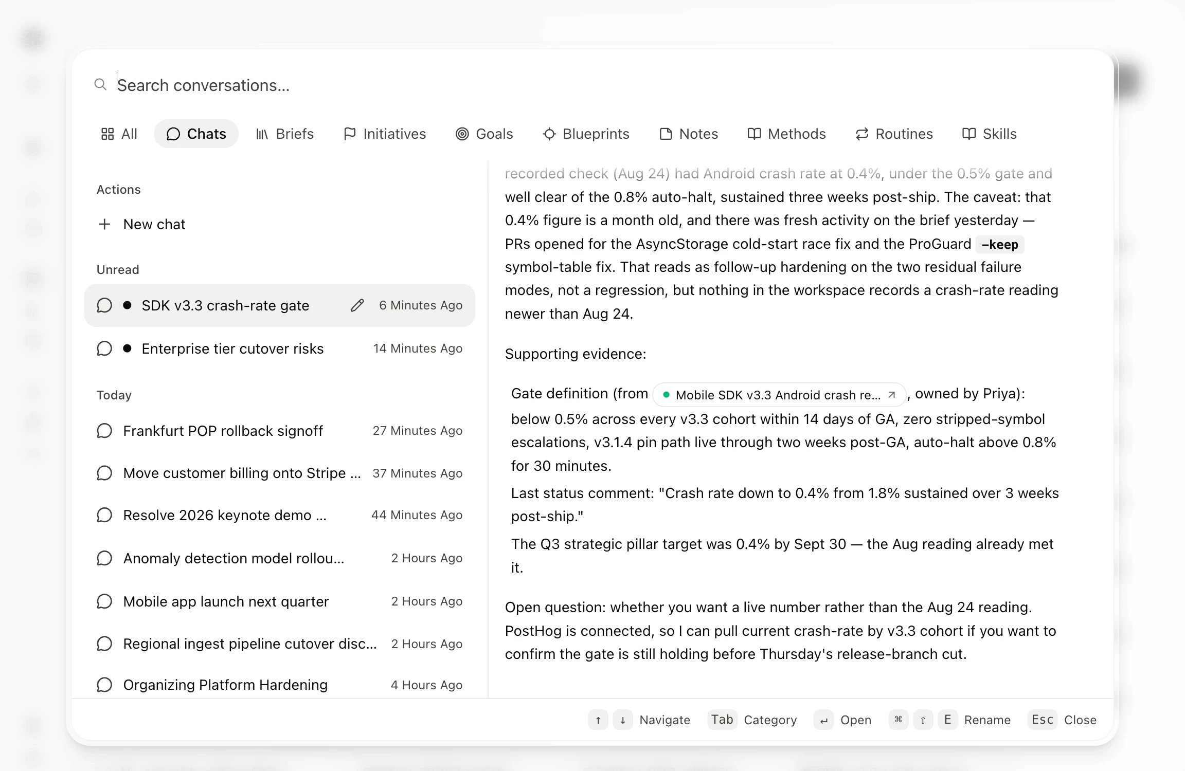The ⌘K window open on the Chats category, with a Search conversations box above category tabs from All through Skills. The list starts with a New chat action, then two chats marked with dots under Unread, then Today's chats, each with how long ago it was active. The highlighted unread chat shows a pencil for renaming, the right-hand pane previews Hamster's latest reply in that chat, and the footer lists the keys to navigate, change category, open, rename, and close.