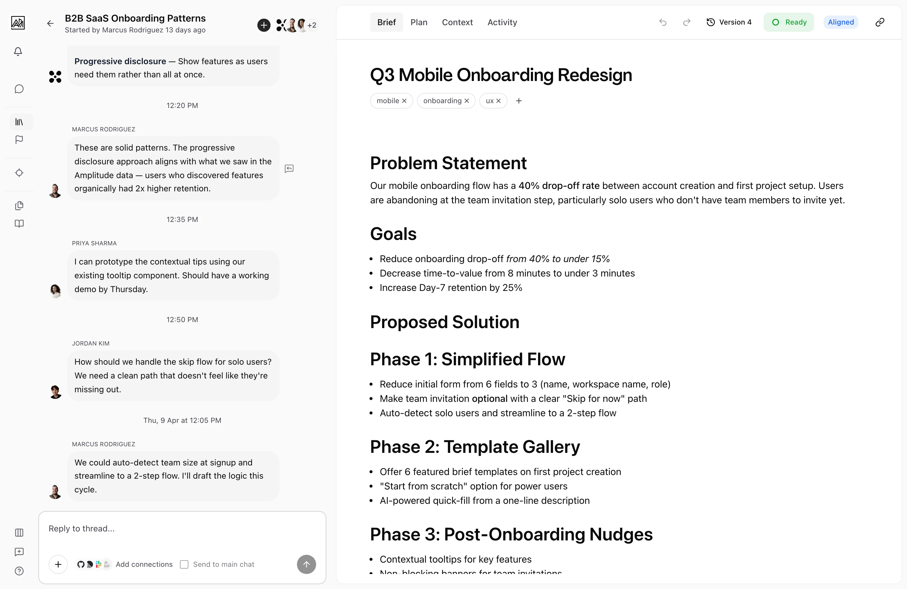 Sub-thread branched from a message showing focused discussion with AI summary