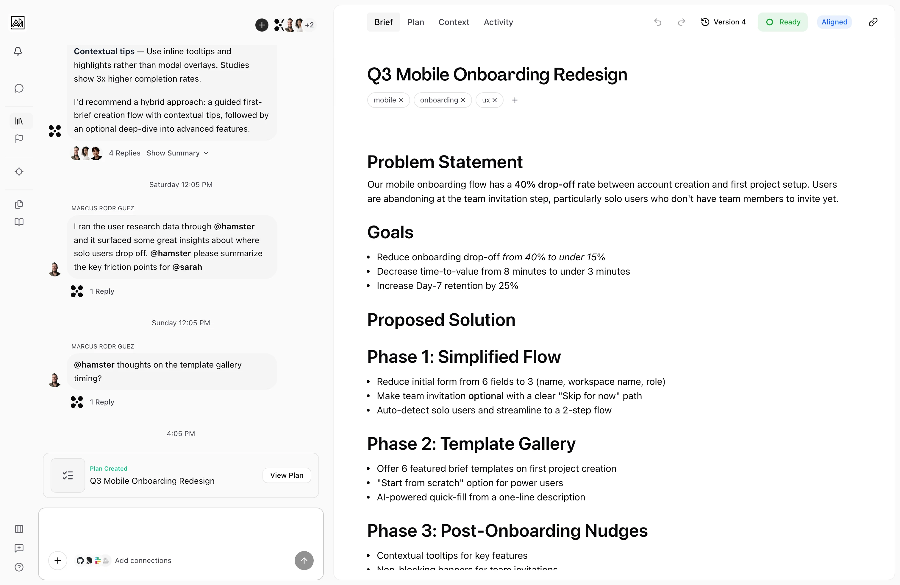 User on the Brief tab with the conversation thread open on the left beside the brief body, the thread showing teammate messages, Hamster mentions, and threaded replies alongside a Plan Created card with a View Plan affordance, and the brief document on the right laying out its Problem Statement, Goals, and Proposed Solution sections.
