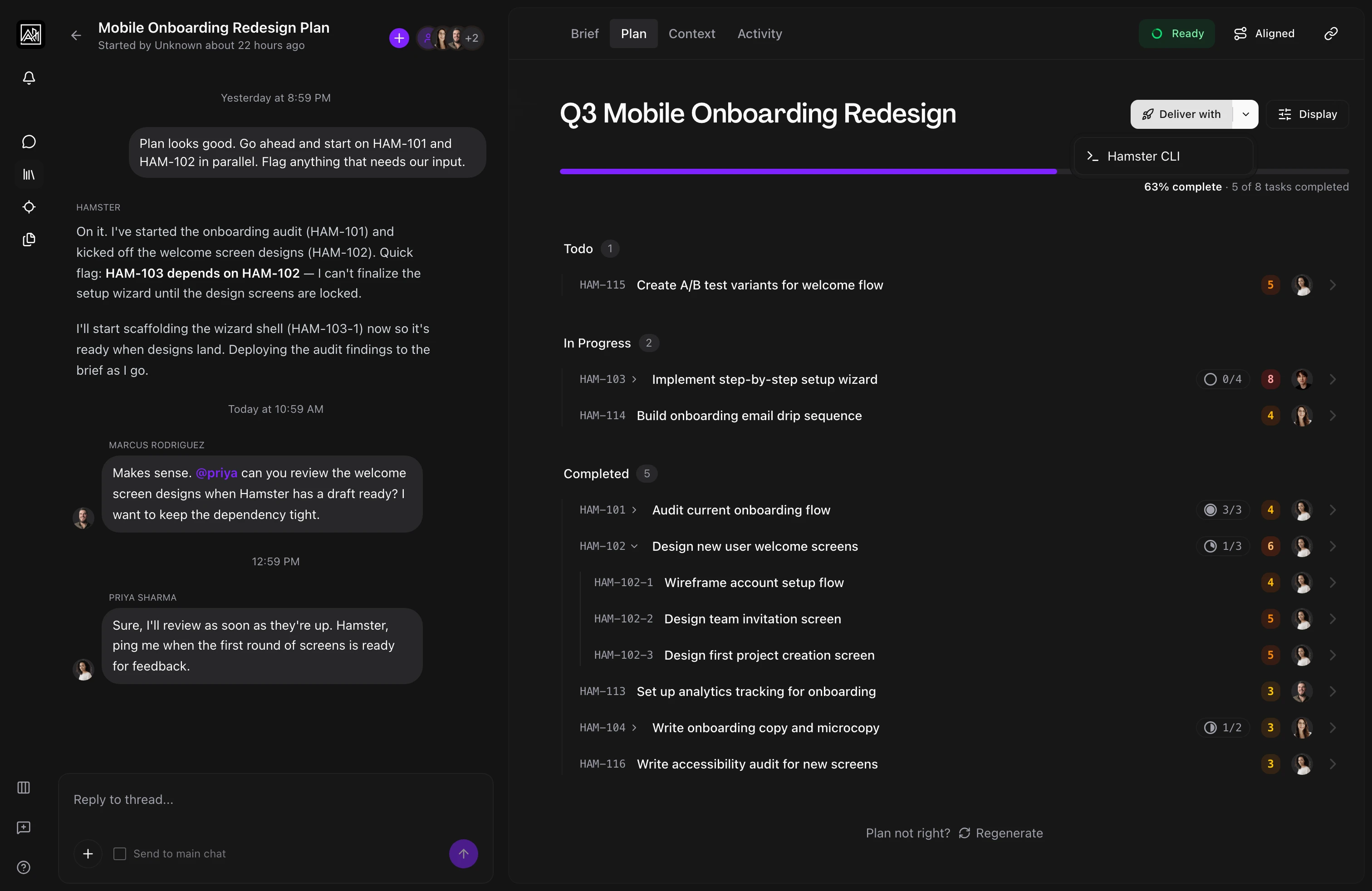 Hamster Studio plan view with CLI delivery popover