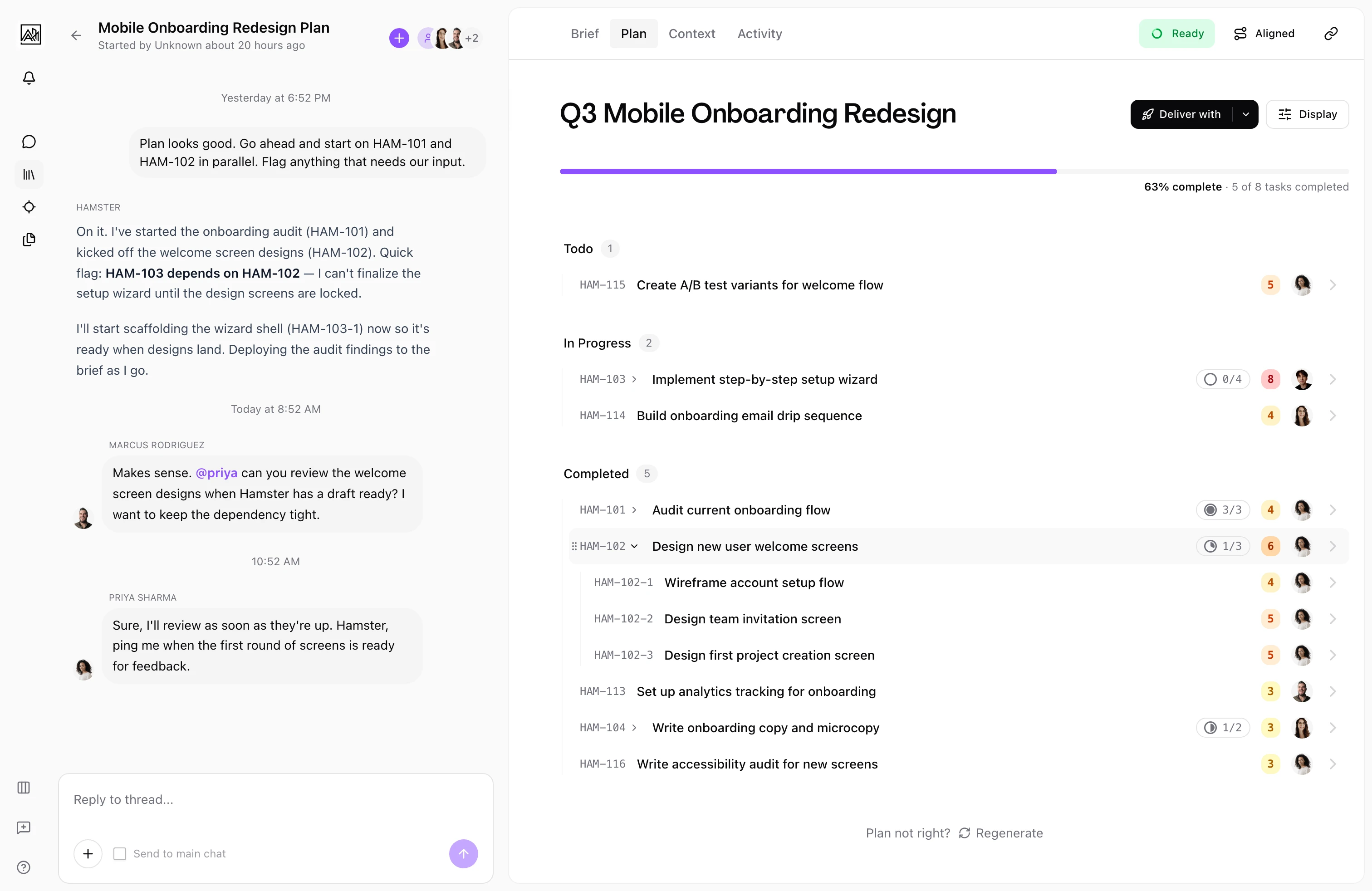 Guided research flow in a brief conversation showing topic selection and source options