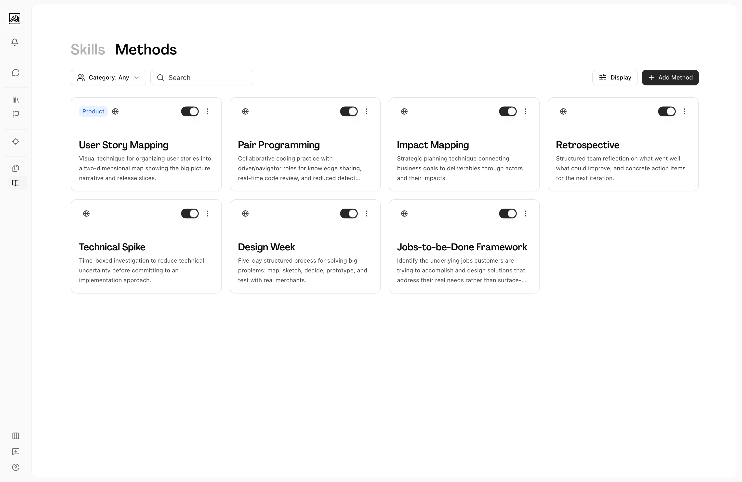User on the Methods page, displaying a grid of method tiles each carrying a name, description, and visibility toggle, with a Category filter, search, Display control, and Add Method button along the top, indicating the workspace's methods sit in one card view ready to filter, search, and add to.