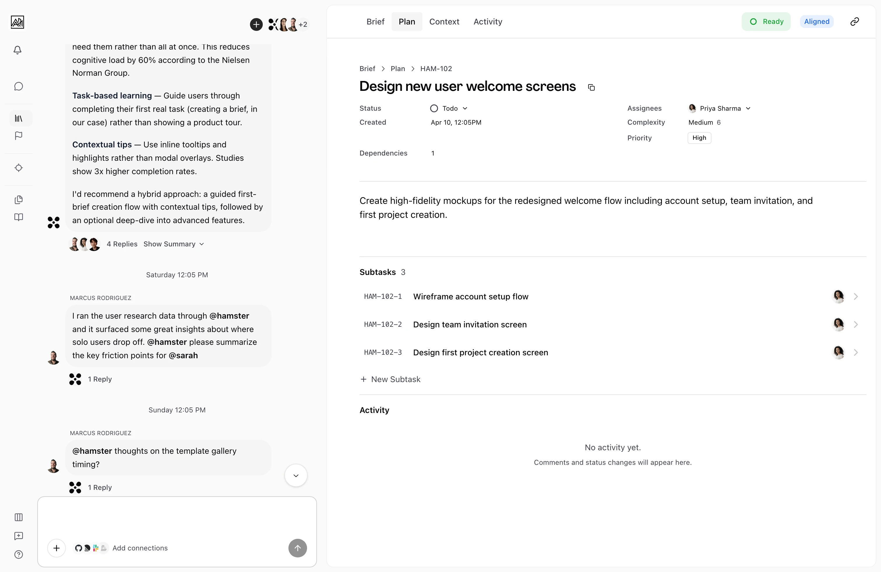 User on the Plan tab of a brief, with a task detail panel open beside the conversation thread on the left, the panel showing Status, Assignees, Complexity, and Priority fields above a description and a Subtasks list carrying assignee avatars.