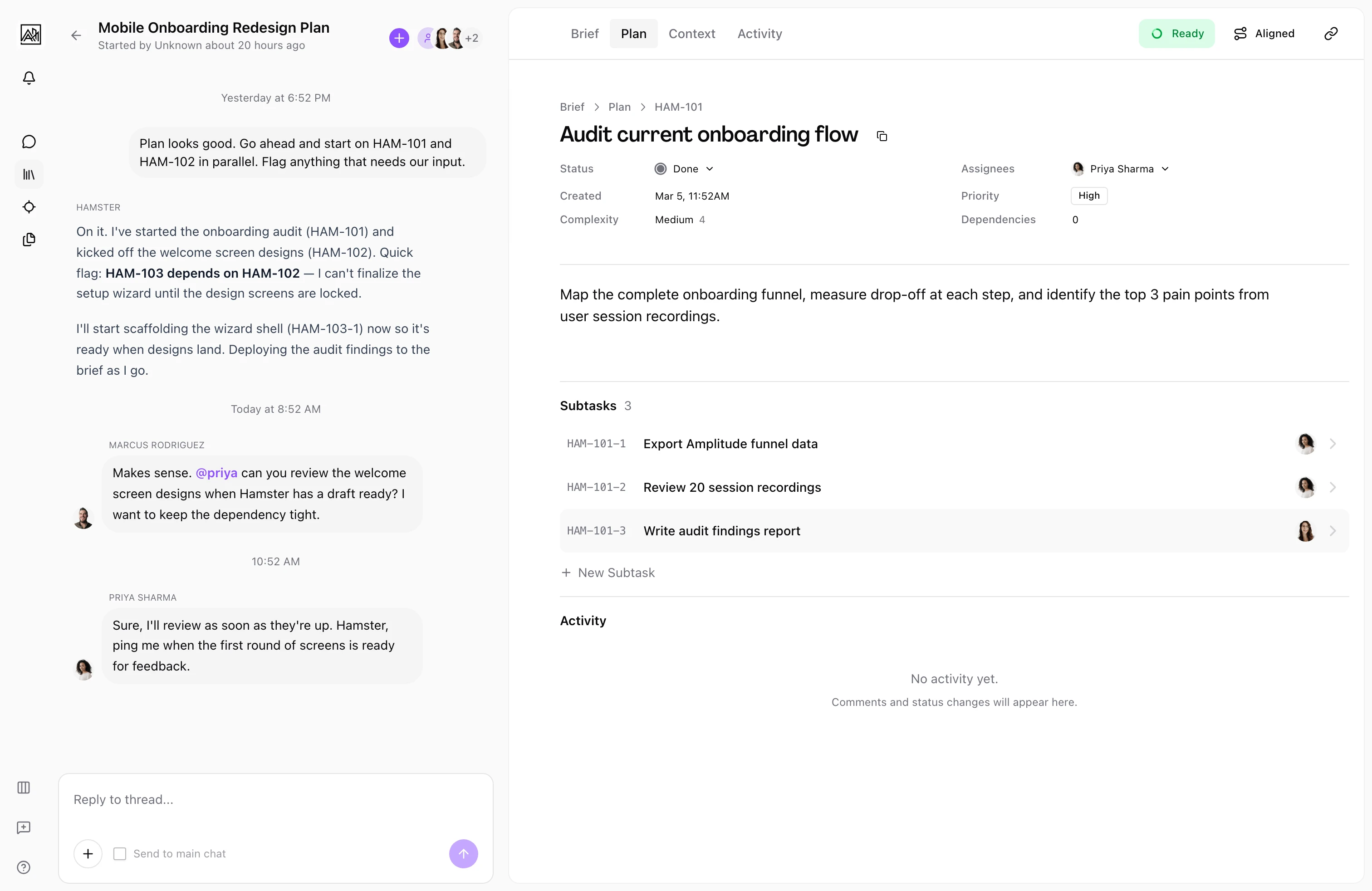 Task detail page showing description, metadata fields, and subtasks section