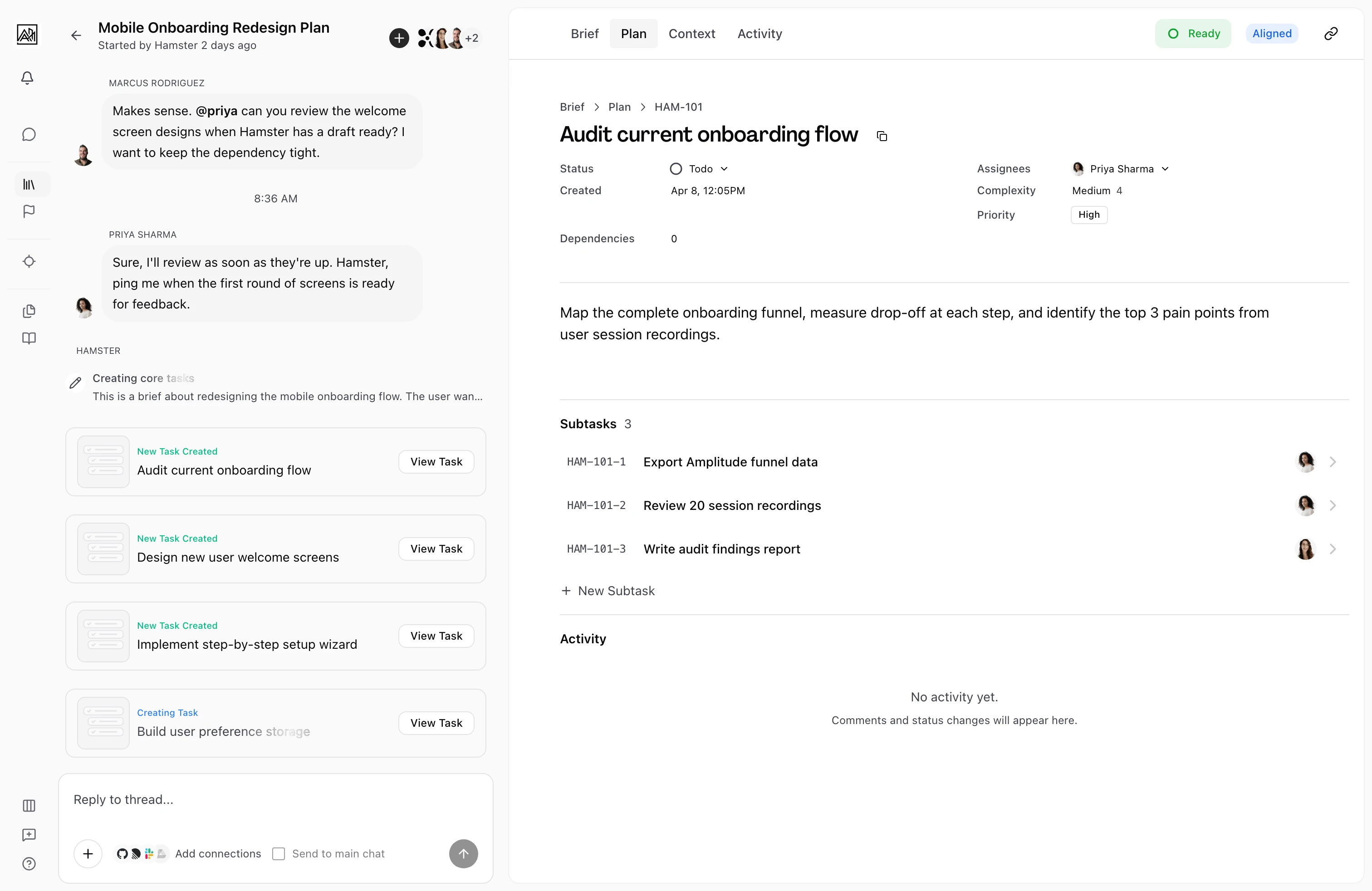 Hamster task detail view with implementation-ready spec, context, and acceptance criteria