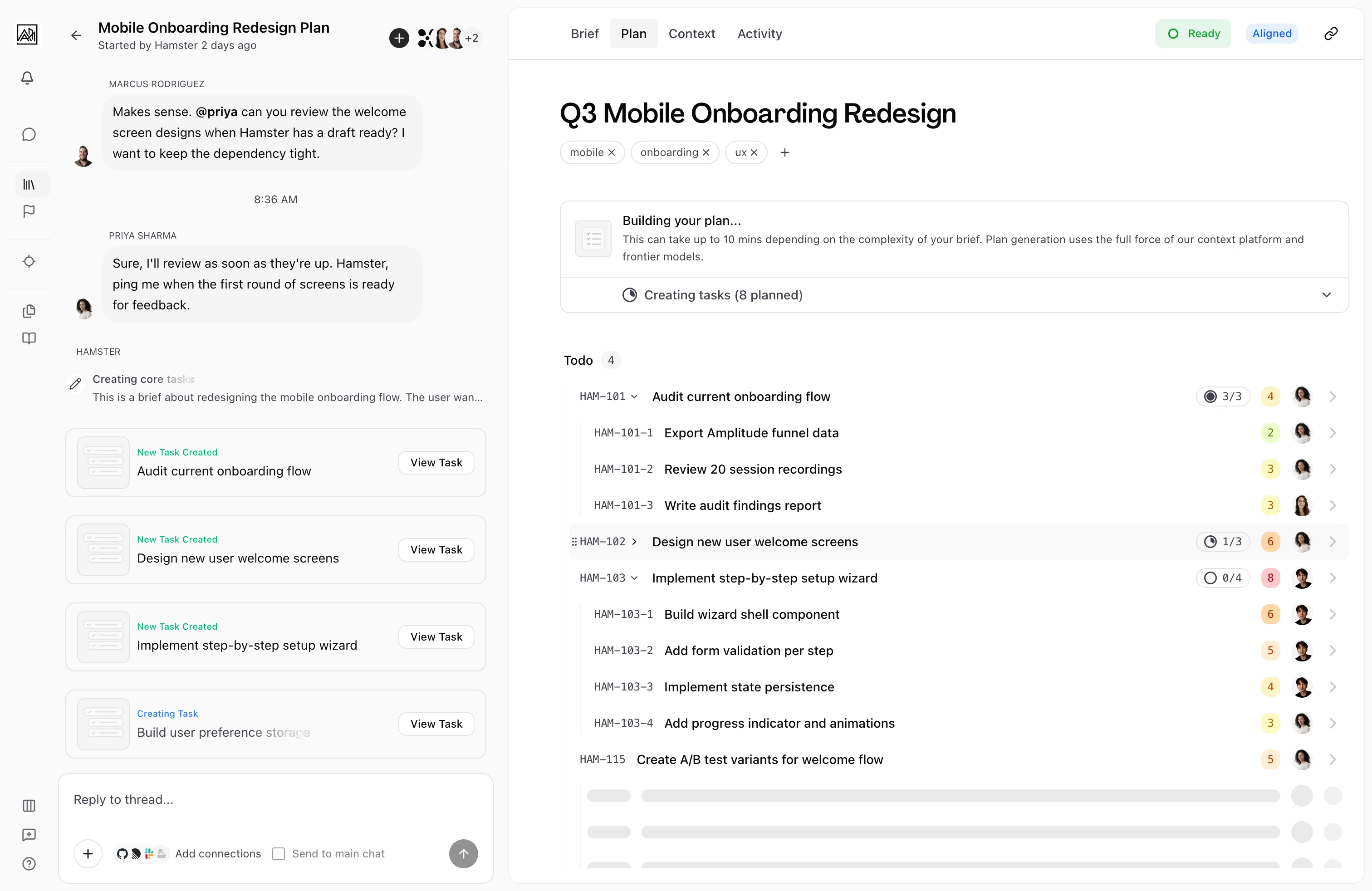 User on the Plan tab of a brief, with the brief thread on the left and the generated plan on the right, the task breakdown laid out under a Todo group with parent tasks and their subtasks expanded, each row carrying its sync badges and assignee.