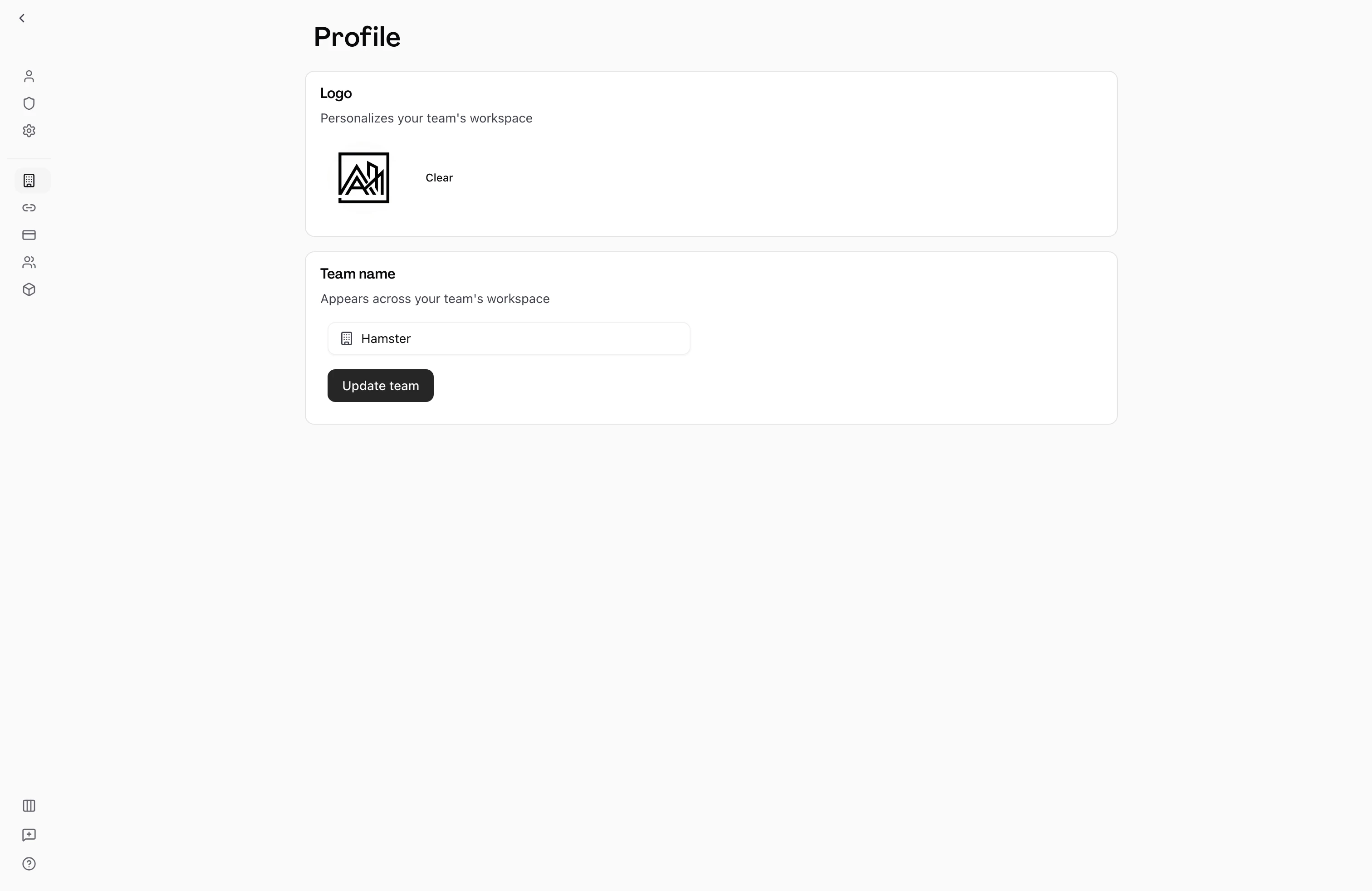 User on the team settings Profile page, with the Logo section displaying the team logo alongside a Clear option and the Team name section showing a text input beside an Update team button, the icon-only navigation rail sitting to the left.
