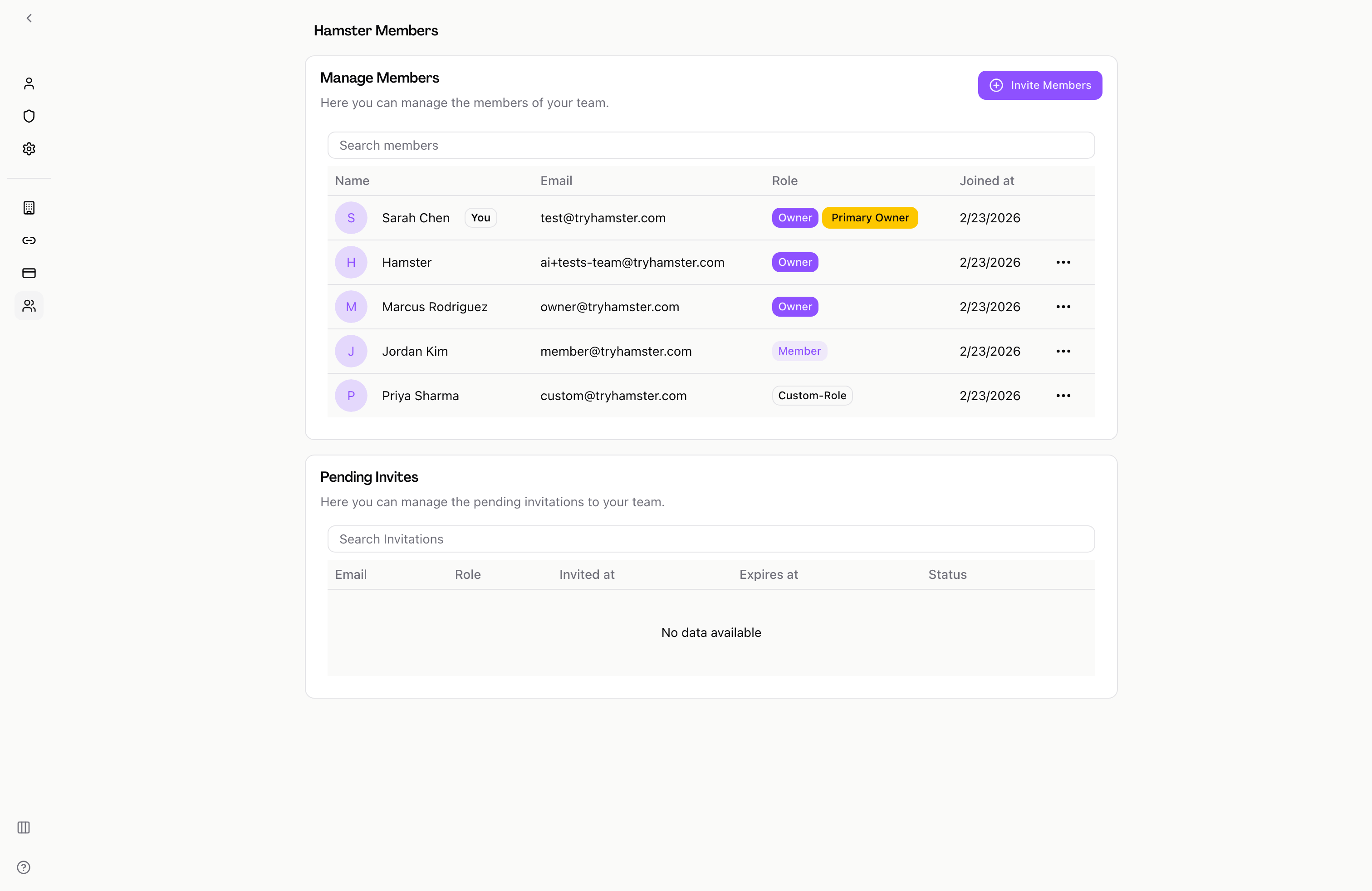 Team members list showing workspace members and their roles