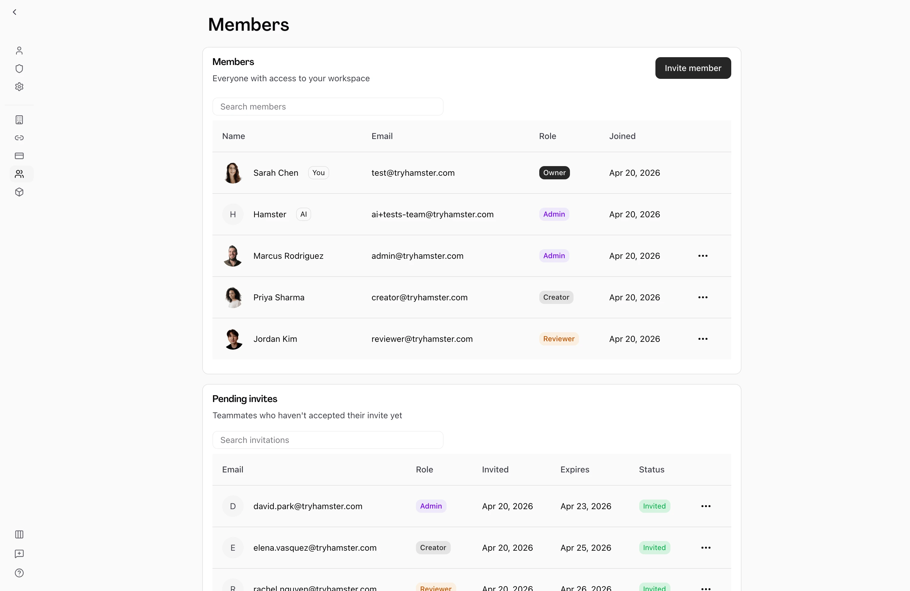 User on the workspace Members settings page, displaying an Invite member control and a search field above the members table, each row carrying a name, email, a role badge spanning Owner, Admin, Creator, and Reviewer, and a join date. Below it sits a Pending invites section listing the invited teammates with their role, invited and expires dates, and an Invited status, indicating the workspace's roster and outstanding invitations are managed from a single settings surface.