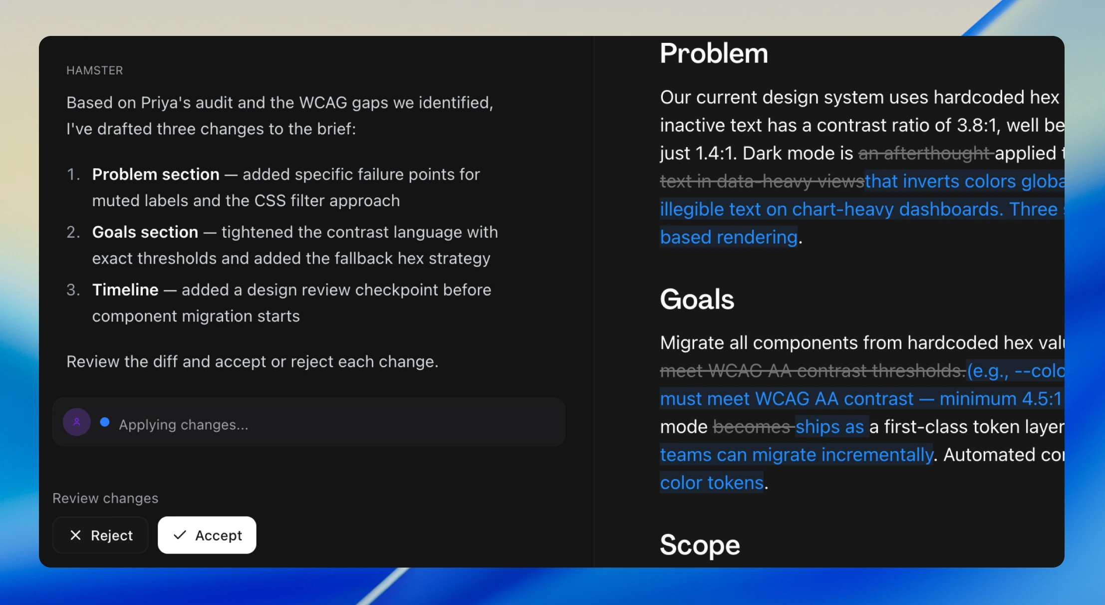 Inline diff showing word-level changes in a document with strikethrough removals, highlighted additions, and Reject/Accept controls