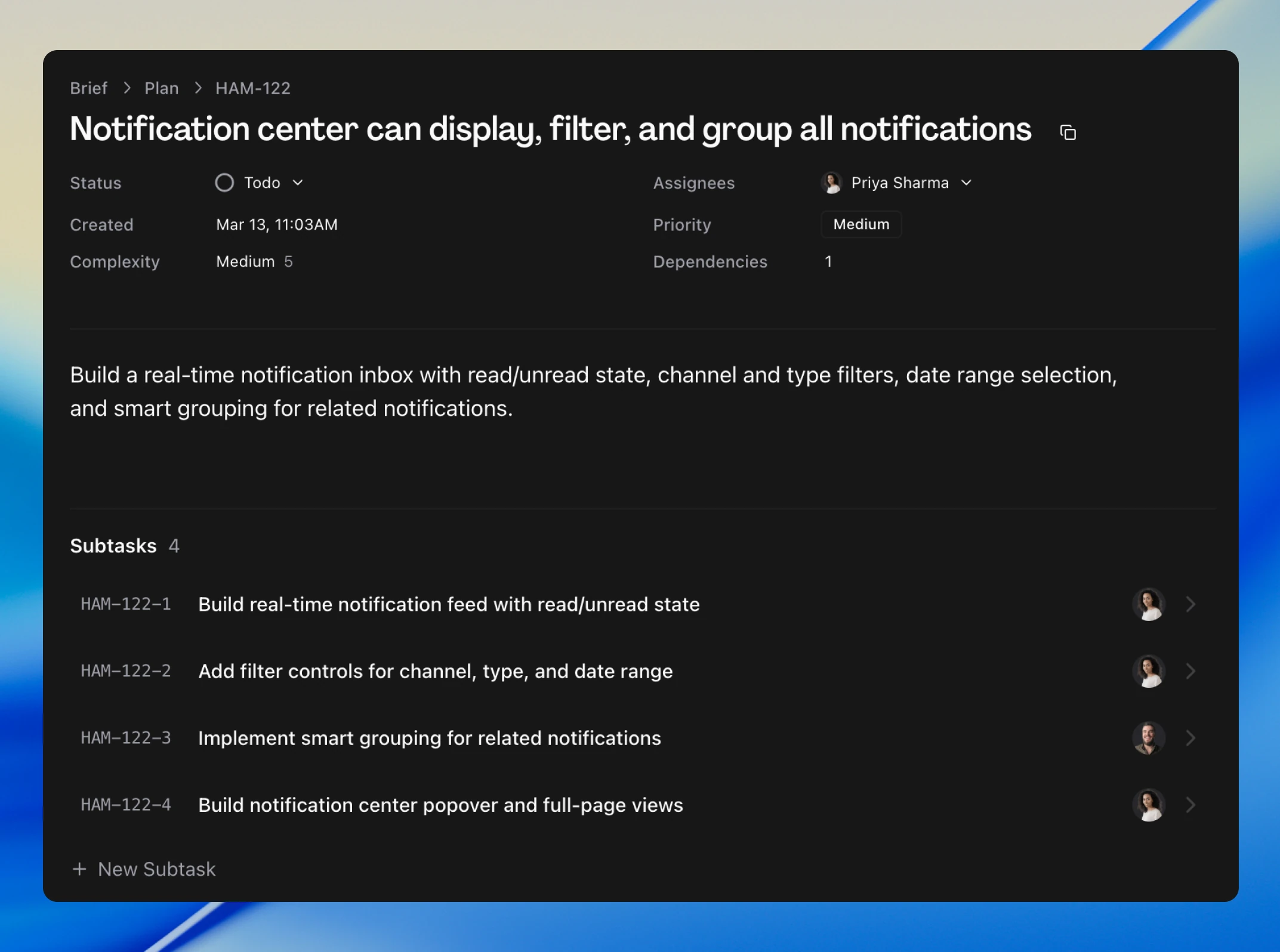 The task detail view showing the description, metadata, subtasks list, and activity feed