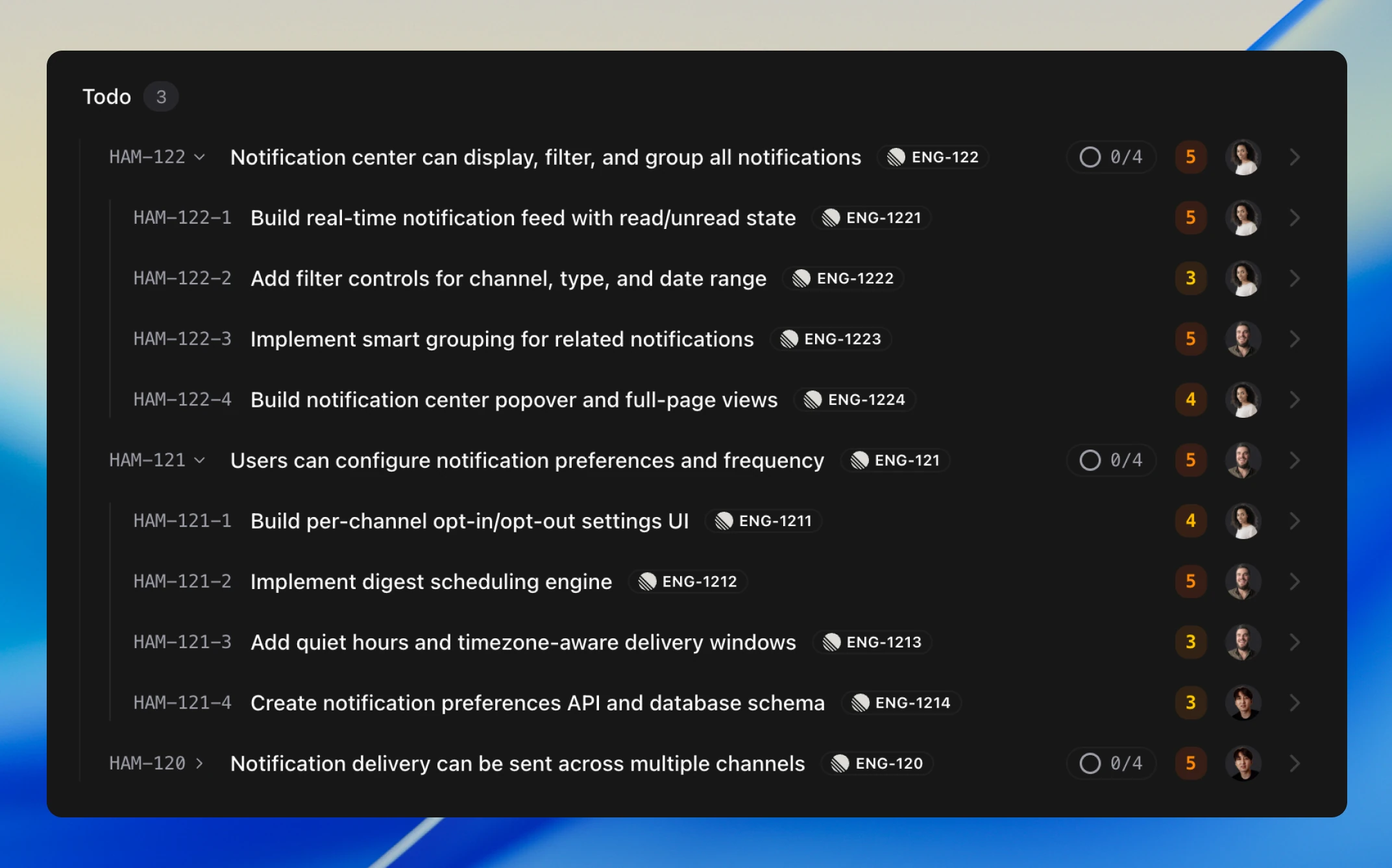 The completed plan with three expandable parent tasks showing nested subtasks, assignee avatars, and progress label
