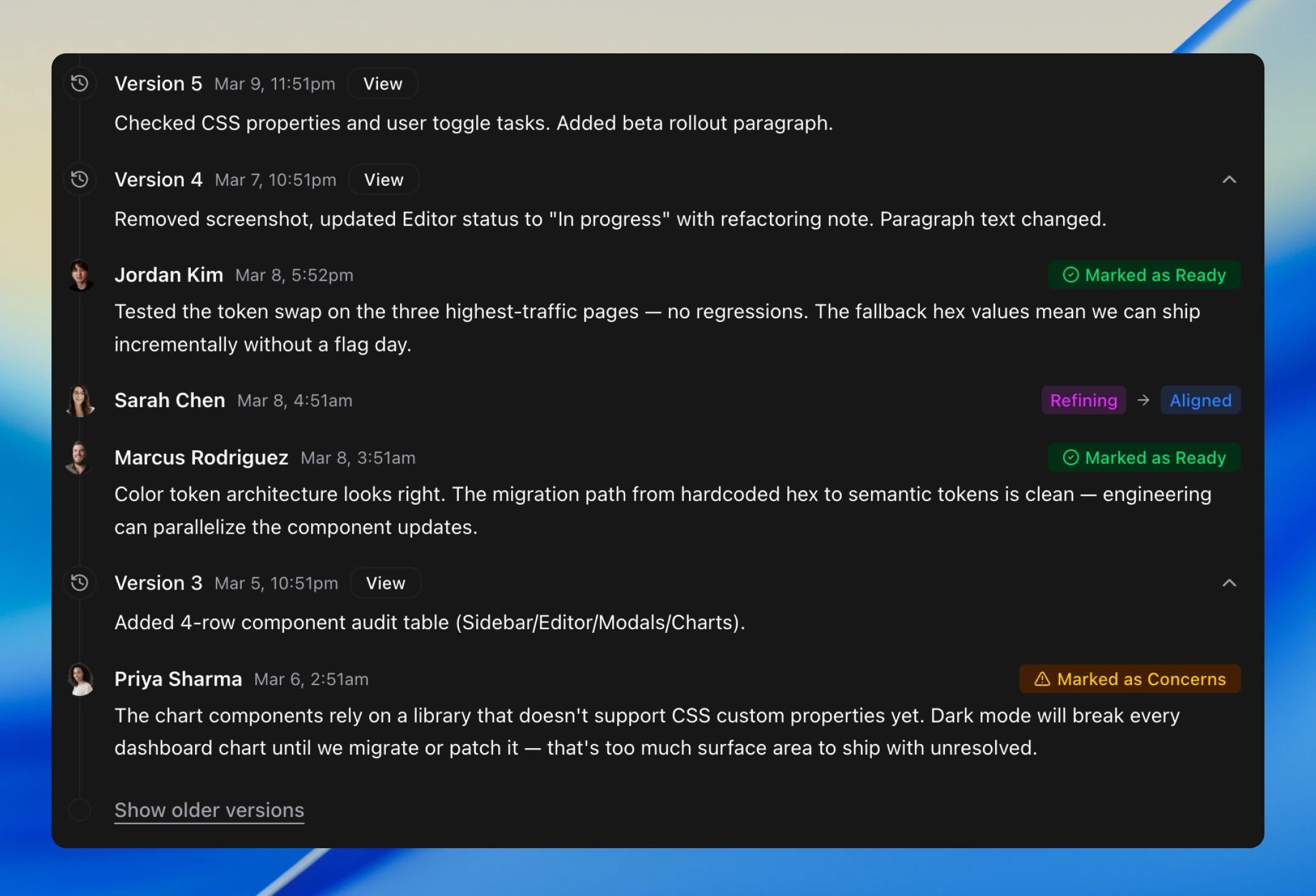 The full Activity timeline showing older versions with status change badges, alignment votes, and a Show older versions link