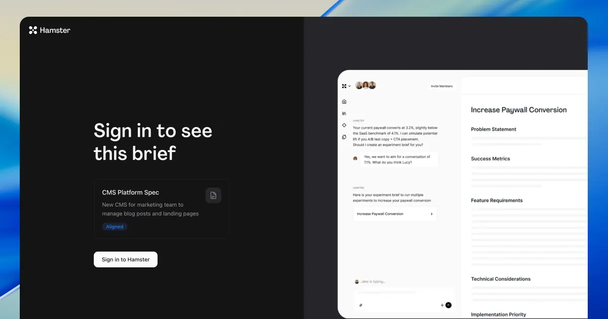 The brief share page with sign-in prompt and preview card alongside the Hamster Studio interface