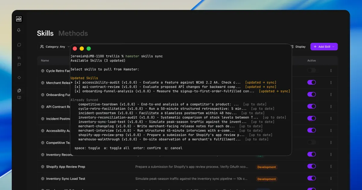 The Hamster Studio Skills page with a terminal overlay running hamster skills sync, showing updated and already-synced skills