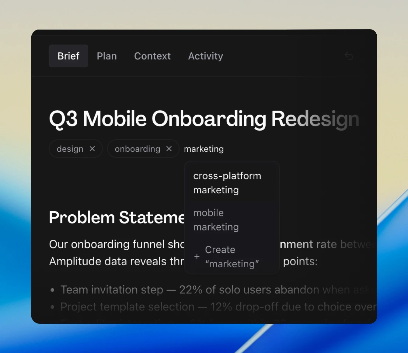 A brief detail page with design and onboarding tags applied and the tag popover open while searching for marketing