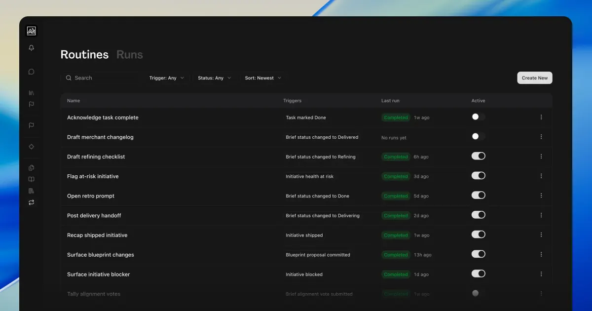The Routines list page showing ten routines paired with their workspace event triggers and last run status