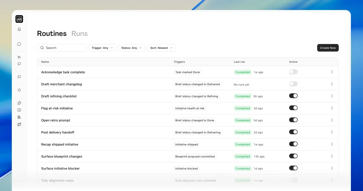 The Routines list page showing ten routines paired with their workspace event triggers and last run status