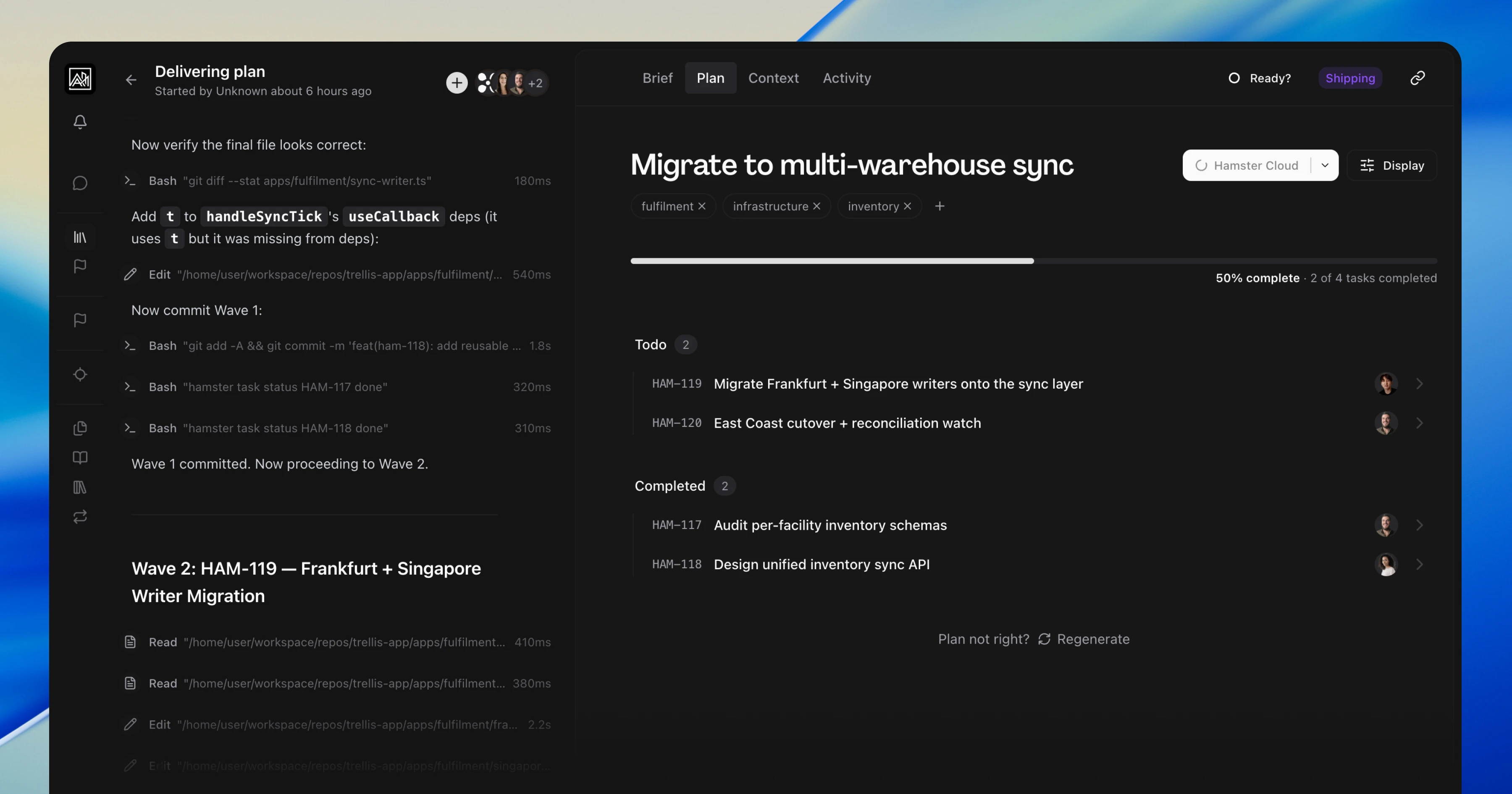 The Plan tab of a 'Migrate to multi-warehouse sync' brief mid-delivery through Hamster Cloud, with agent activity streaming on the left and the task list completing on the right