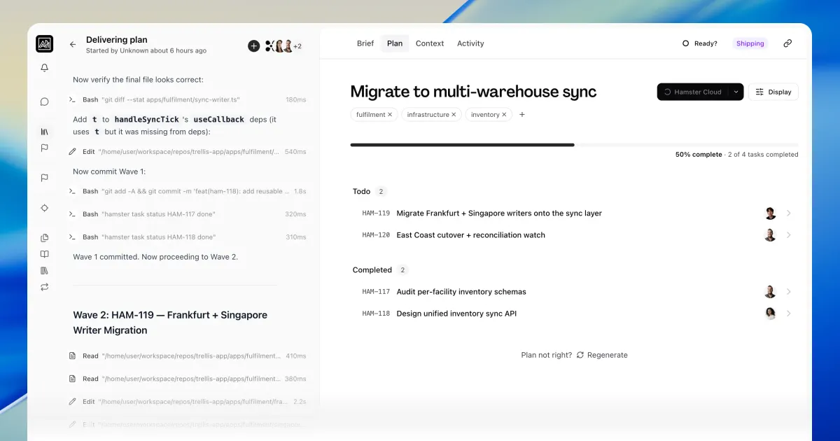 The Plan tab of a 'Migrate to multi-warehouse sync' brief mid-delivery through Hamster Cloud, with agent activity streaming on the left and the task list completing on the right