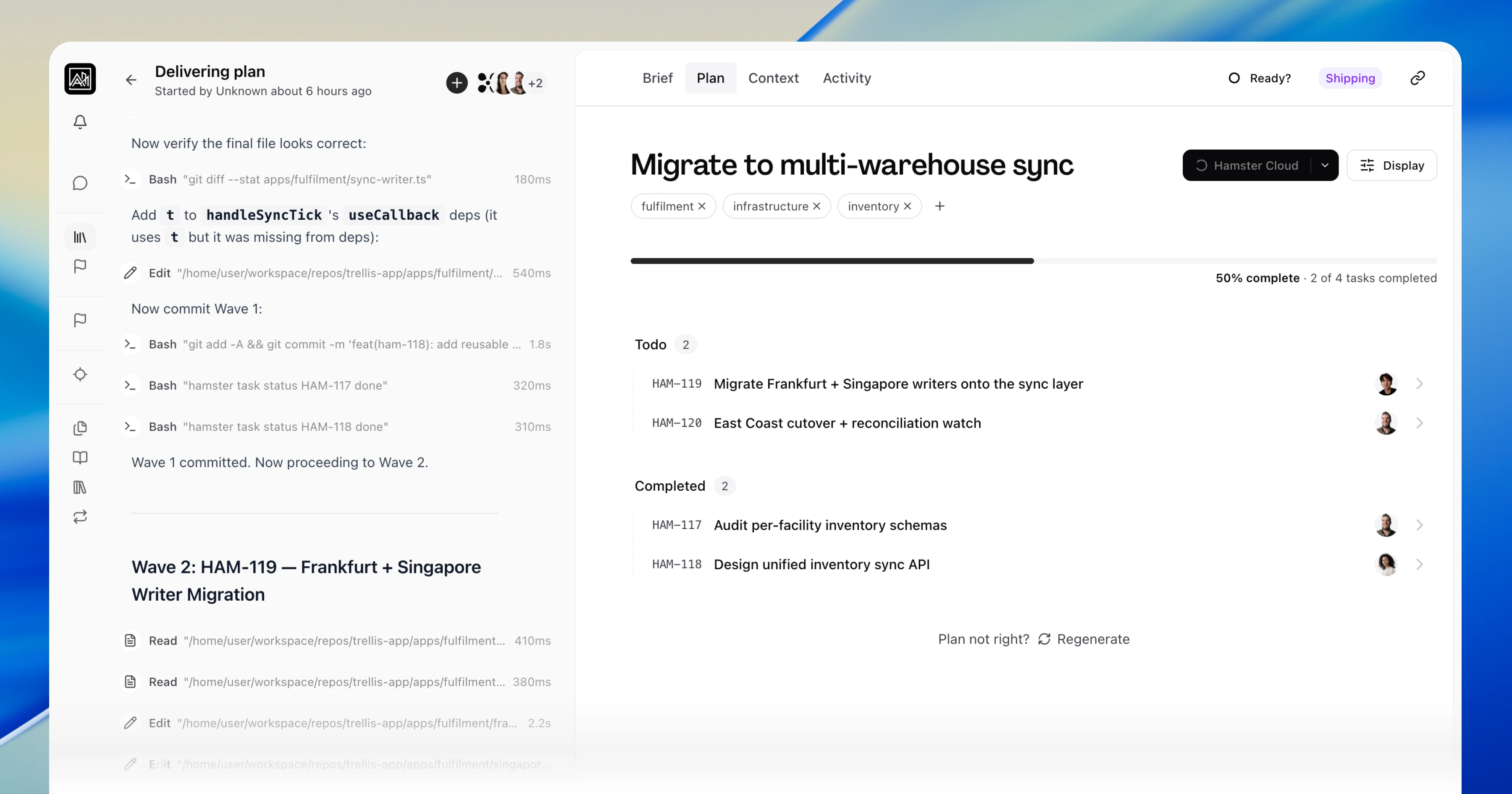 The Plan tab of a 'Migrate to multi-warehouse sync' brief mid-delivery through Hamster Cloud, with agent activity streaming on the left and the task list completing on the right