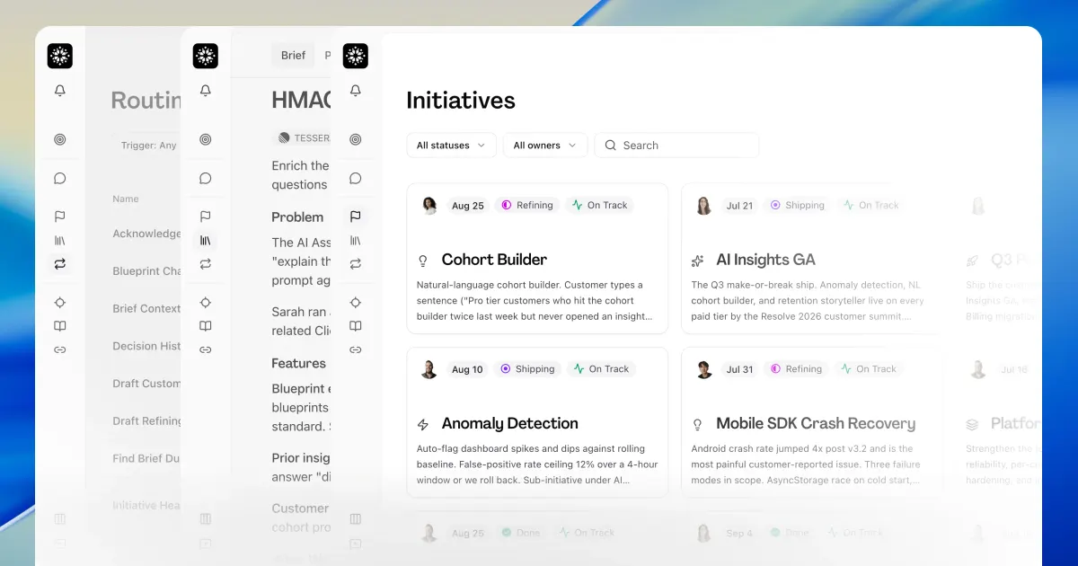 Several Hamster workspace pages stacked behind one another, with the Initiatives list in front showing cards and their status pills