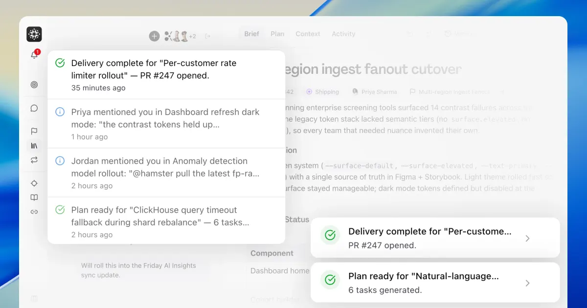 The notification bell popover open over a brief, listing finished plan and delivery runs and @mentions, with two matching notifications stacked in the corner