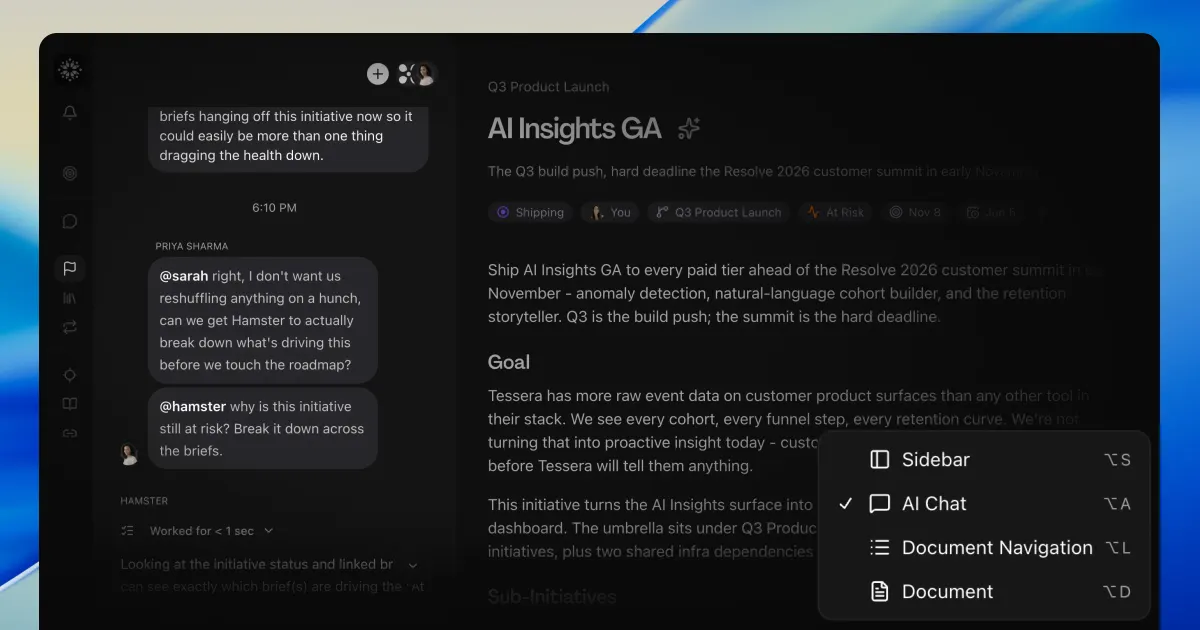 An initiative's page with the team and Hamster discussing why AI Insights GA is at risk on the left, the initiative's goal and sub-initiatives on the right, and a view menu open showing the AI Chat pane switched on