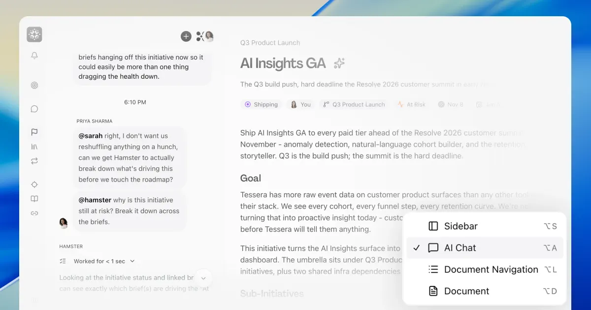 An initiative's page with the team and Hamster discussing why AI Insights GA is at risk on the left, the initiative's goal and sub-initiatives on the right, and a view menu open showing the AI Chat pane switched on
