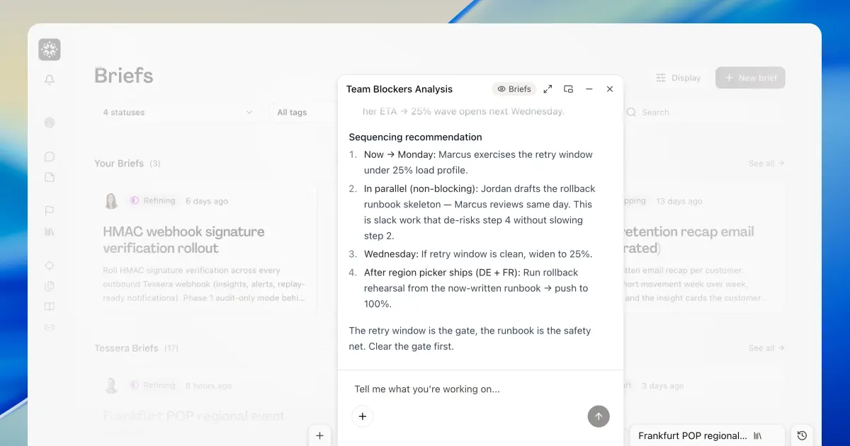A Team Blockers Analysis chat floating over the Briefs page with a sequencing recommendation for the Frankfurt POP rollout