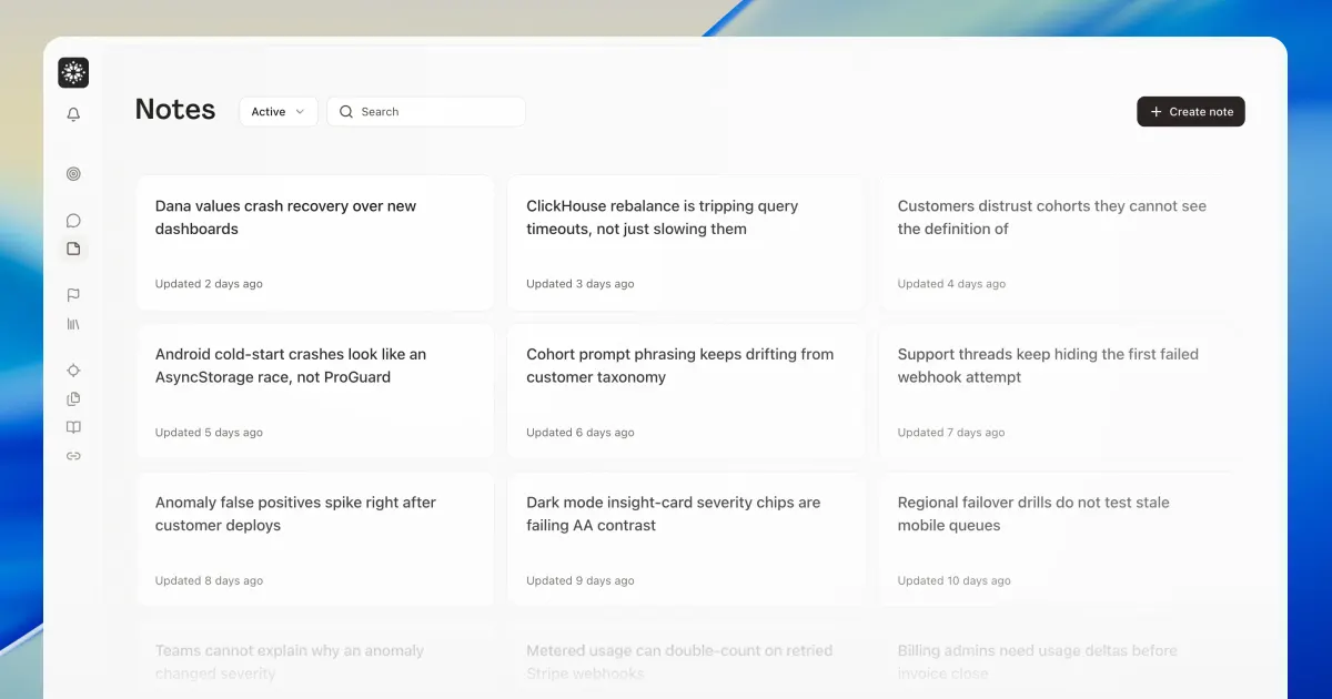 The Notes page showing active customer, product, and engineering observations in a searchable grid